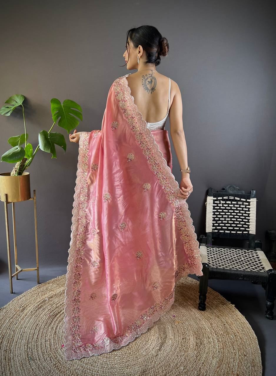 Peach Colour Gold Crush Embroidery Work Saree