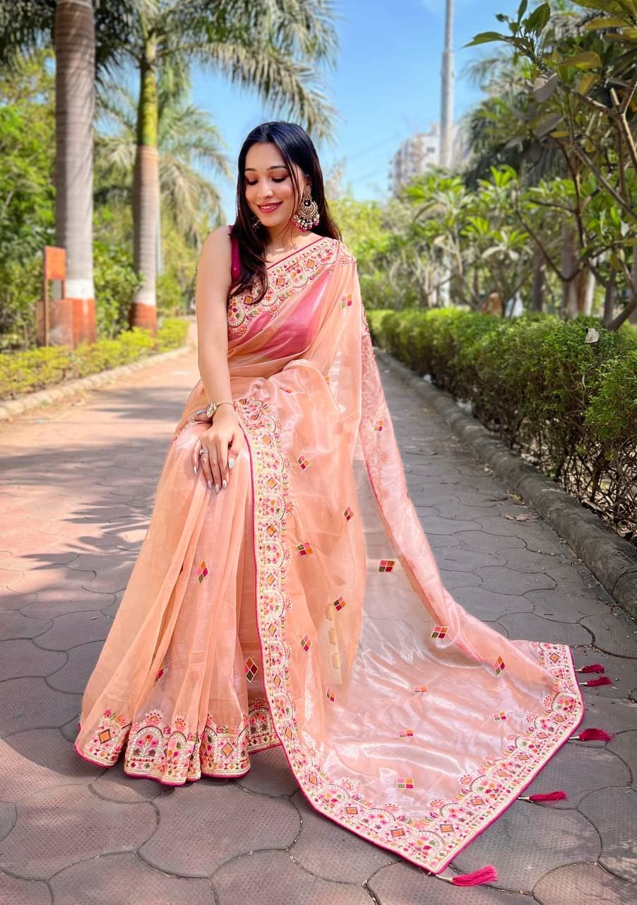 Peach Colour Twill Net Designer Embroidery Work Saree