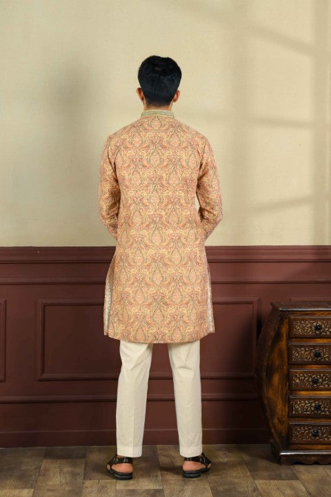Peach Cotton Blend Kurta Pajama with Abstract Print