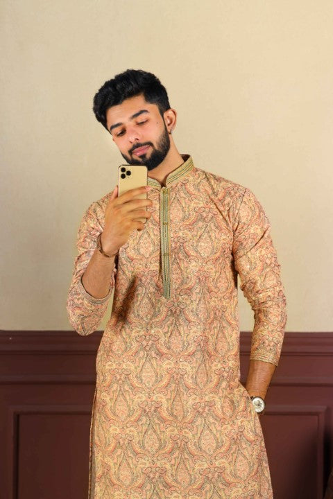 Peach Cotton Blend Kurta Pajama with Abstract Print
