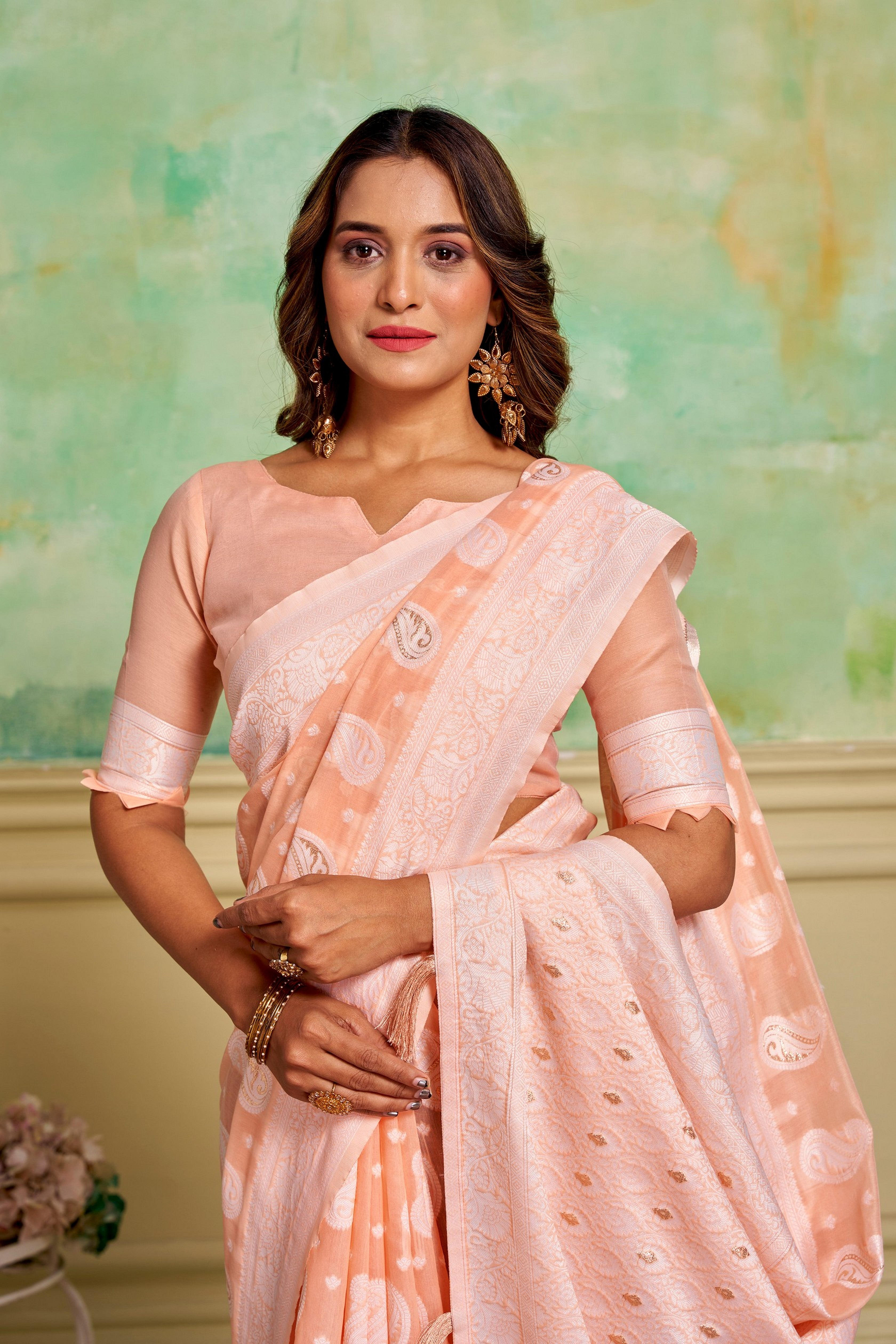 Peach Cotton Fabric Woven Designer Ethnic Festive Wear Saree
