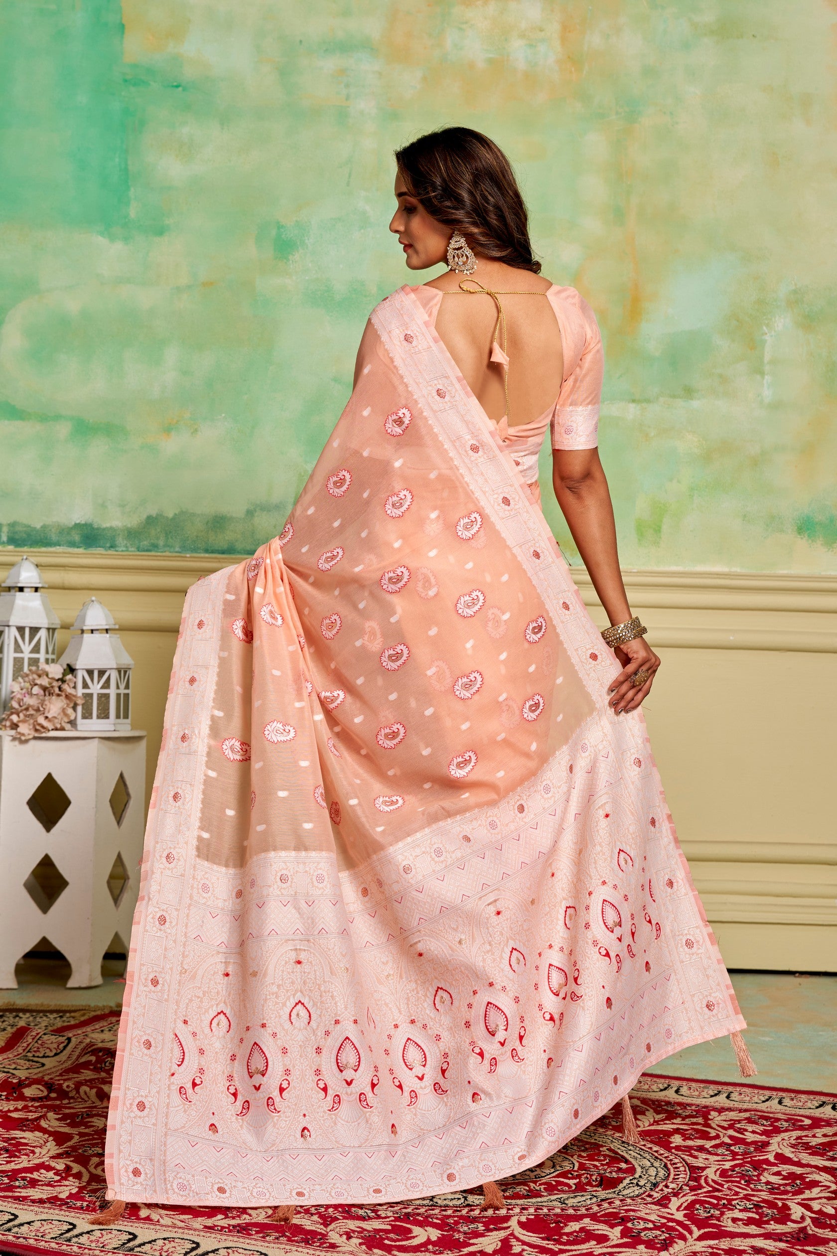 Peach Cotton Fabric Woven Designer Ethnic Festive Wear Saree