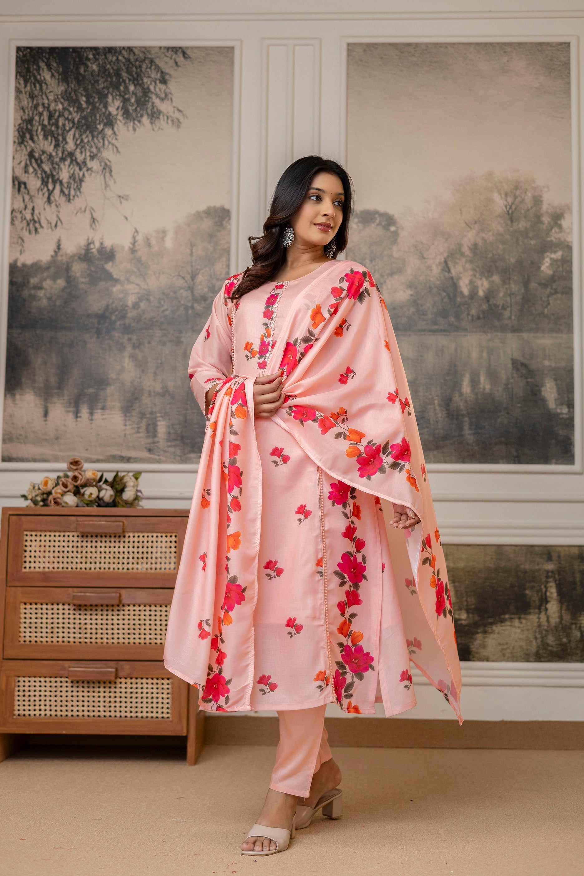 Peach Cotton Kurta Pant Set Printed