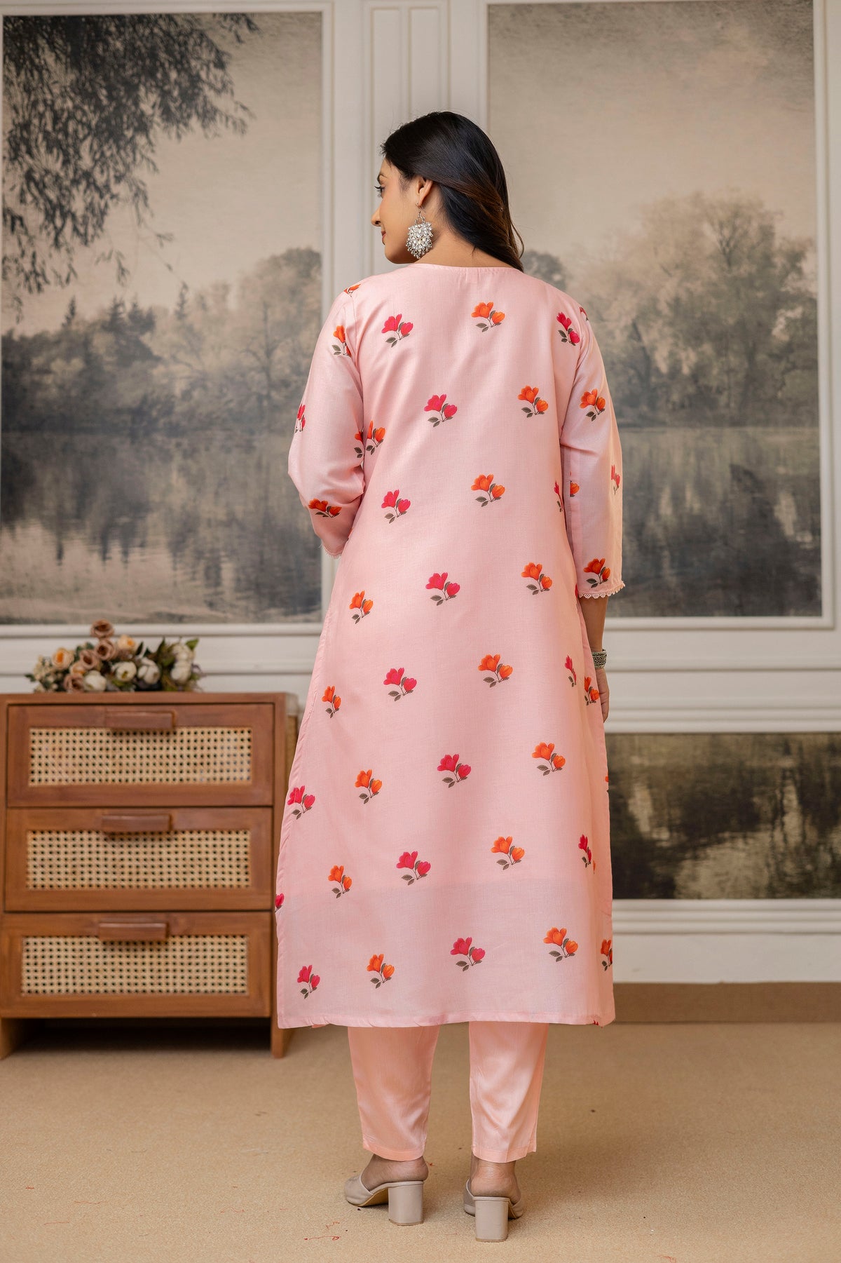 Peach Cotton Kurta Pant Set Printed