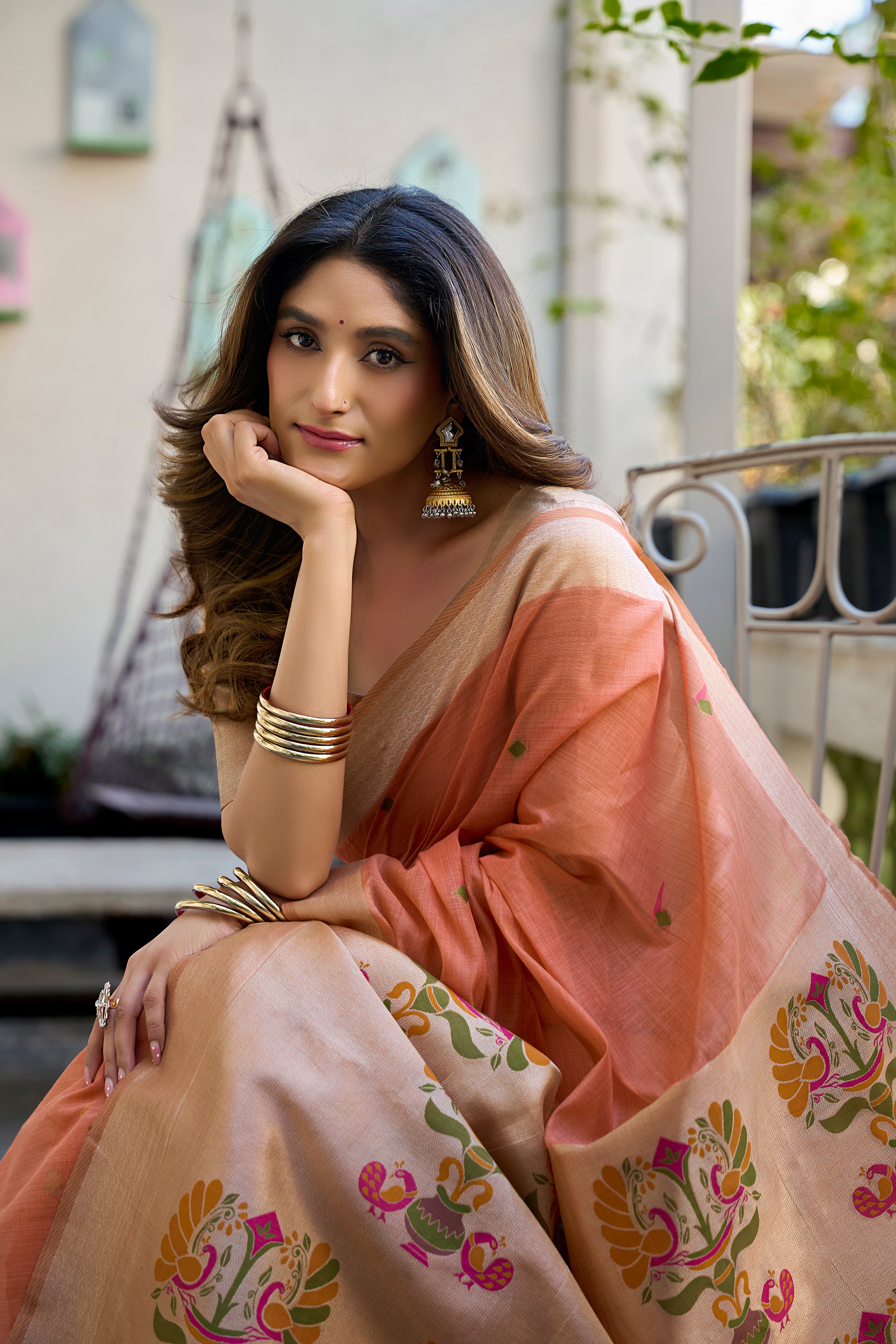 Peach Cotton Saree with Rich Jacquard Zari Border Tassels