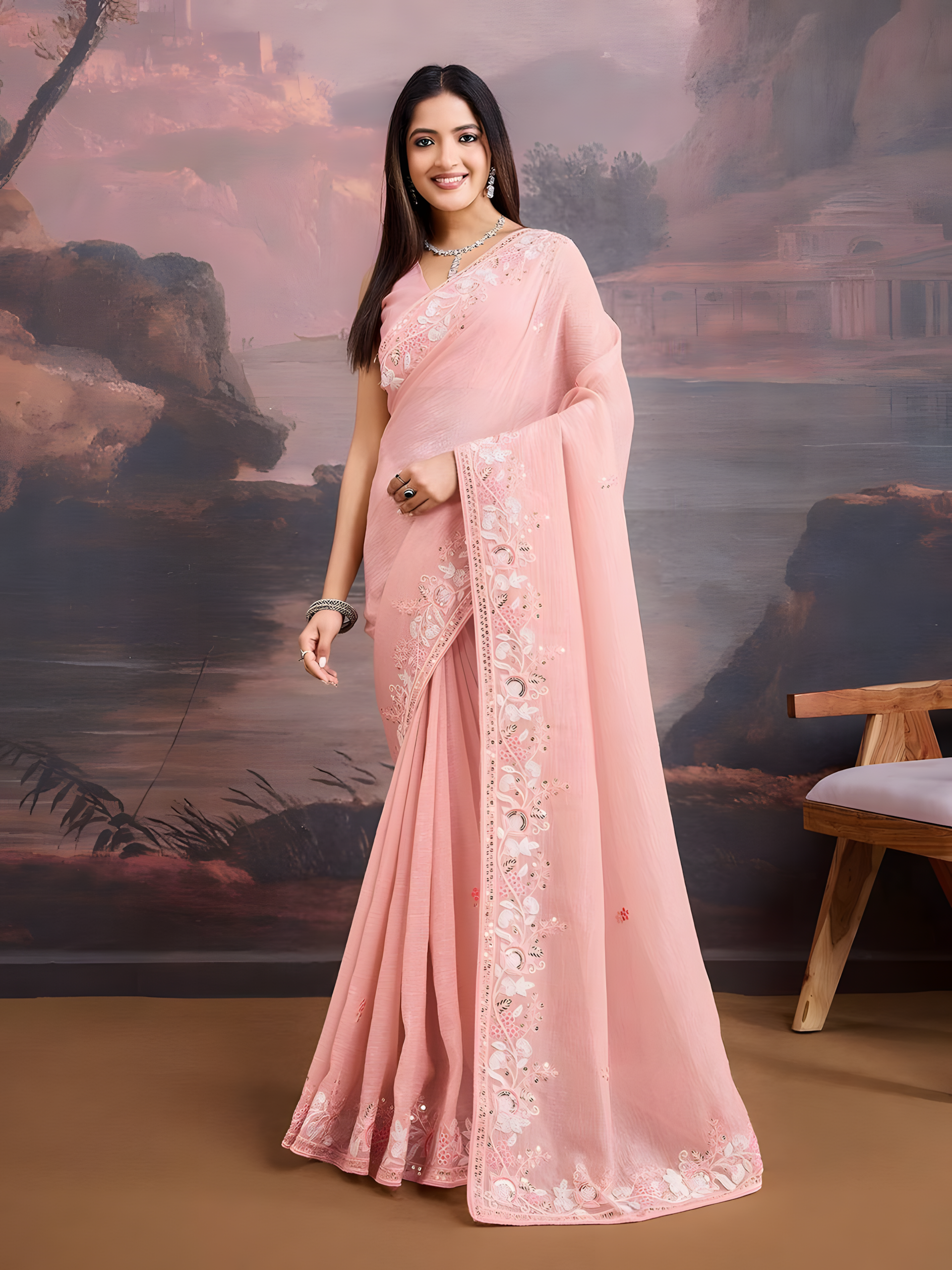 Peach Curnchy Soft Organza Saree with C Pallu Embroidery work border