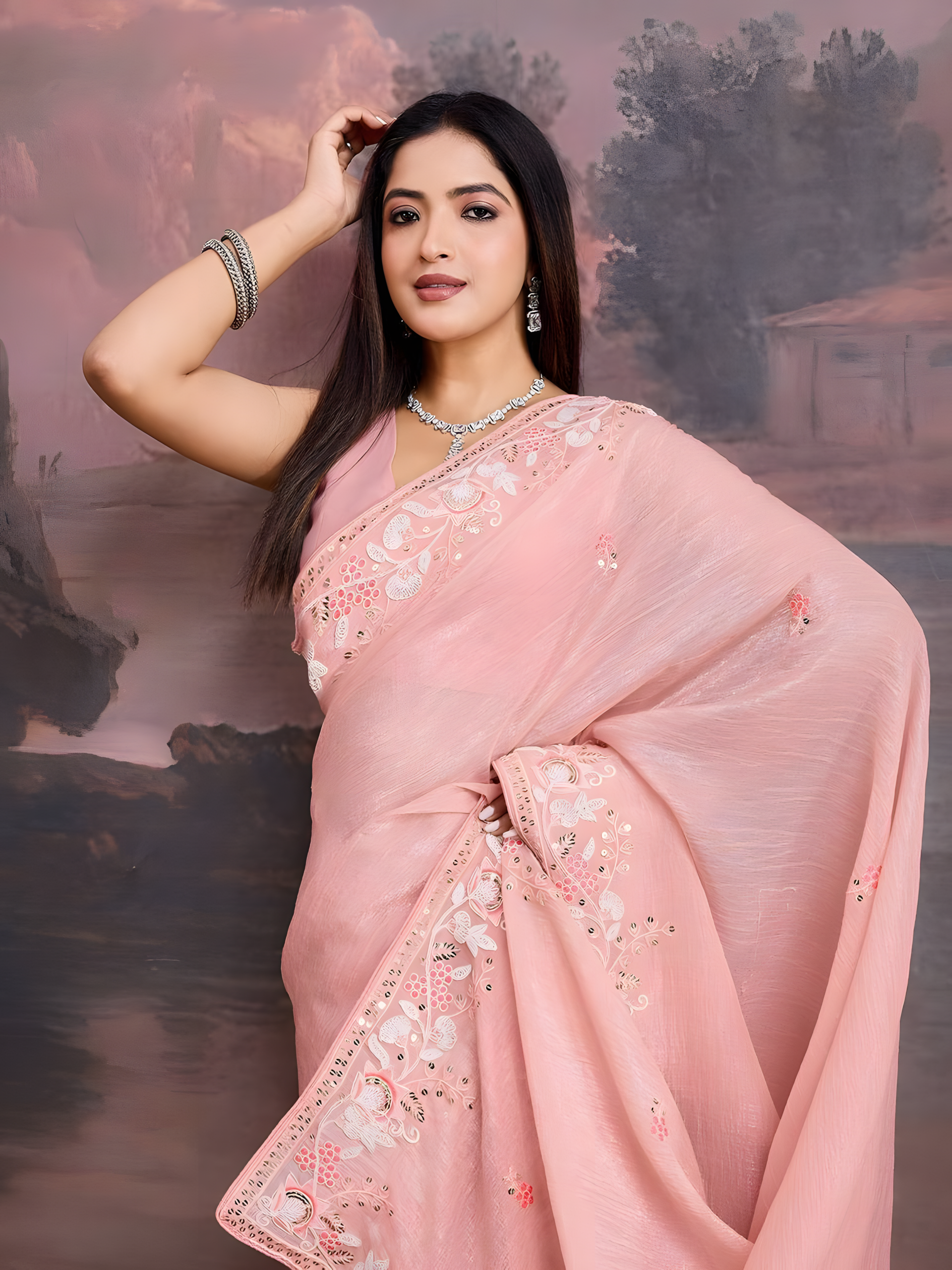 Peach Curnchy Soft Organza Saree with C Pallu Embroidery work border