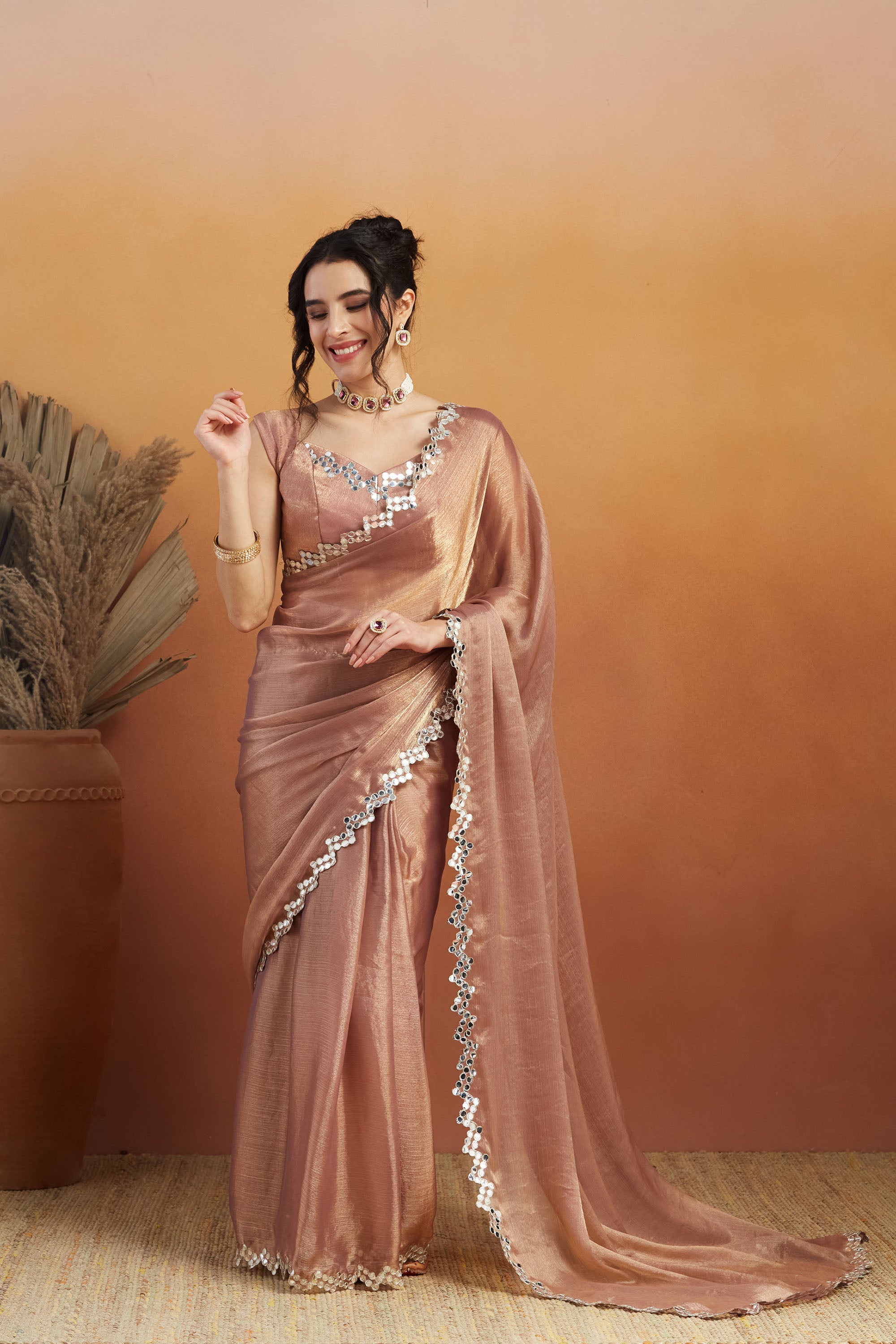 Peach Designer Fancy Ready To Wear Saree For Ceremonial Looks