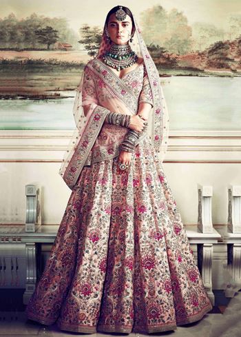 Peach Embroidered Taffeta Silk Bridal Wear Lehenga Choli