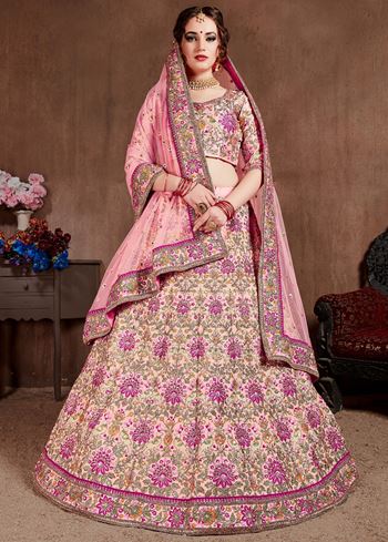 Peach Embroidered Taffeta Silk Bridal Wear Lehenga Choli