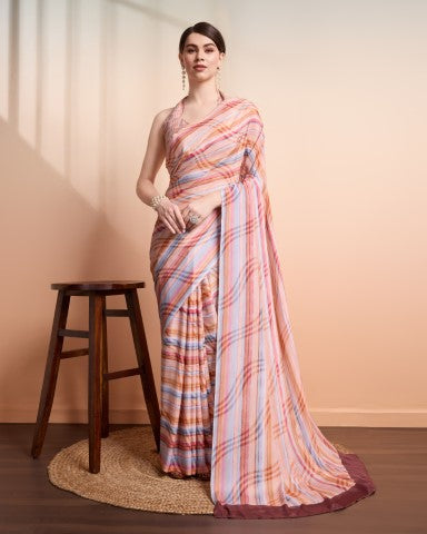 Peach Faux Georgette Saree With Designer Print Style
