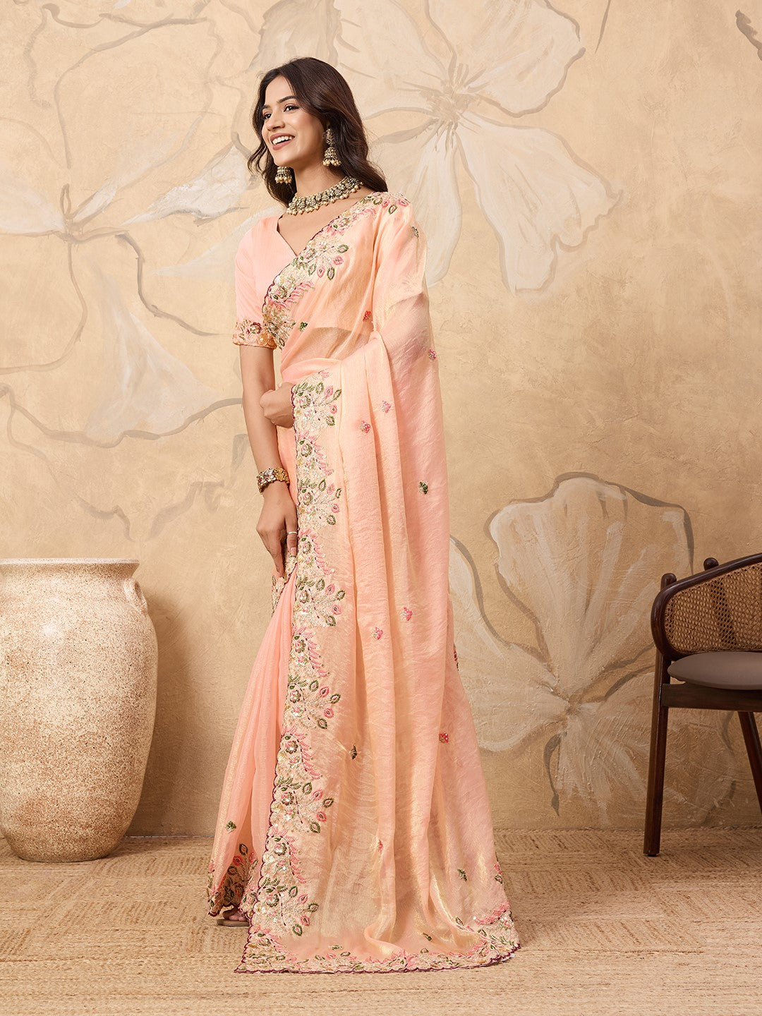 Peach Fendy Chiffon Saree With Designer Embroidery