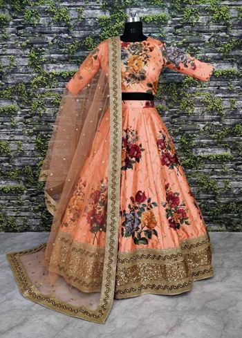 Peach Floral Digital Printed Art Silk Bridal Lehenga Choli