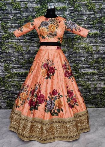 Peach Floral Digital Printed Art Silk Bridal Lehenga Choli