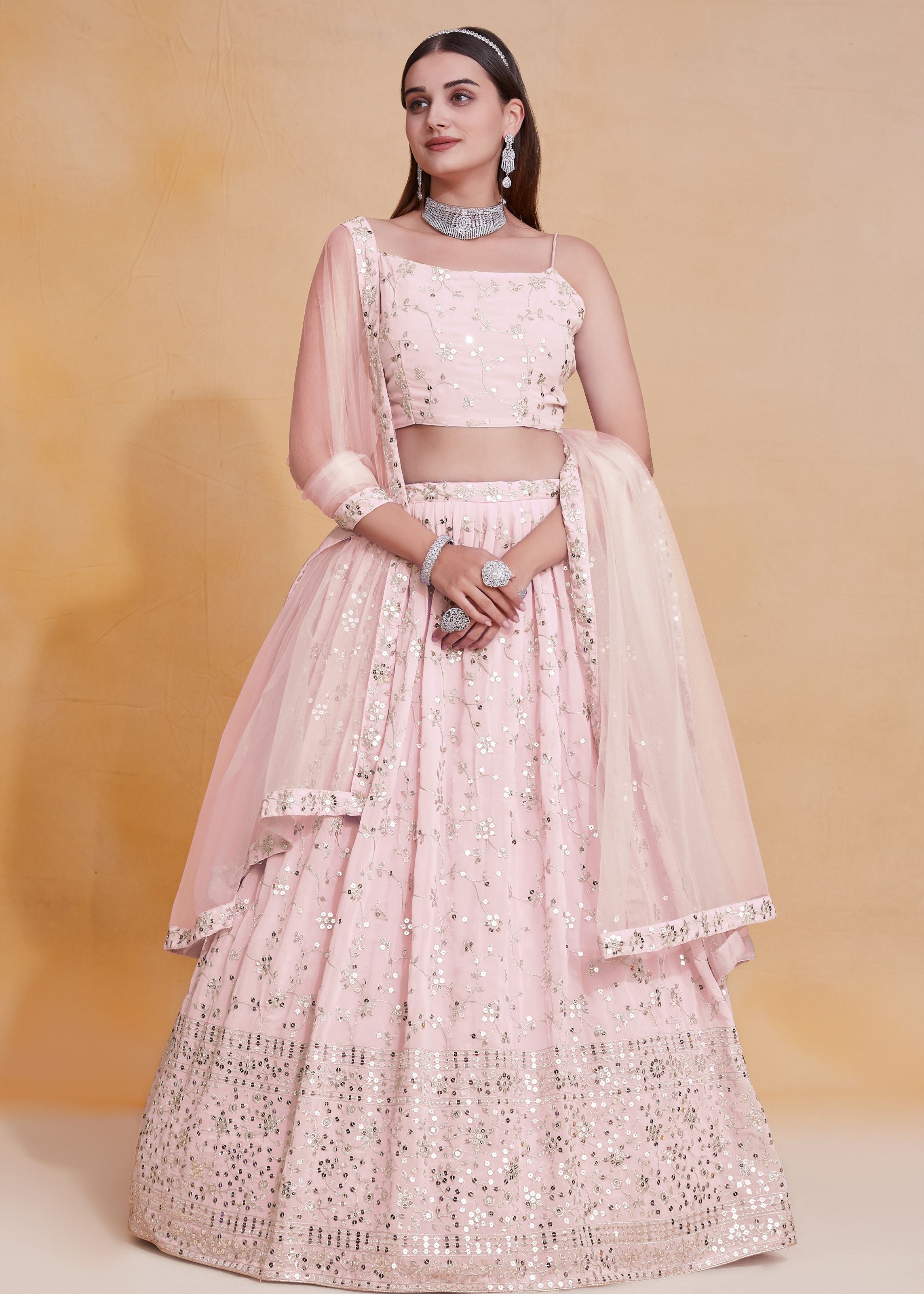 Peach Georgette Sequence Embroidery Work Lehenga Choli