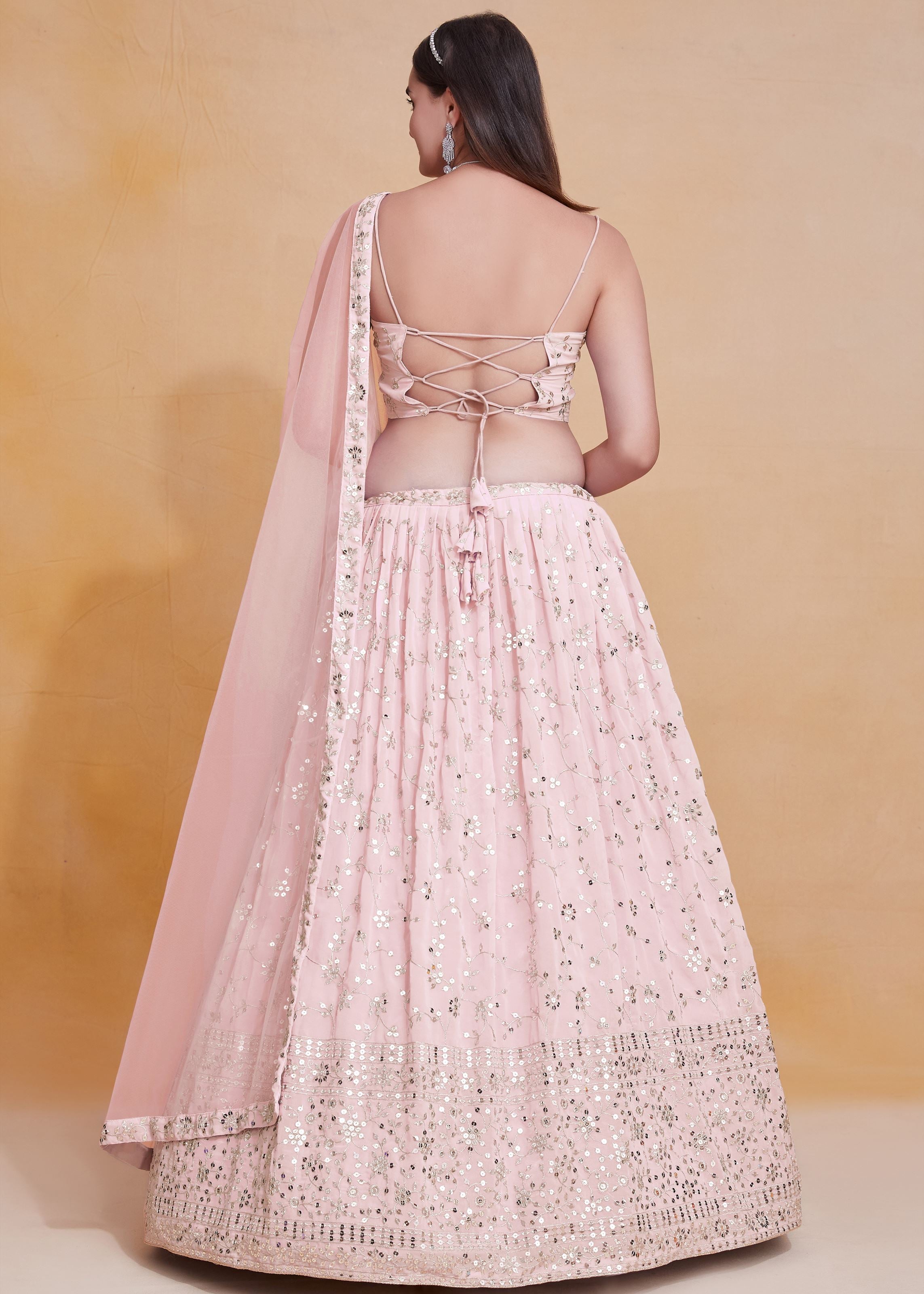 Peach Georgette Sequence Embroidery Work Lehenga Choli