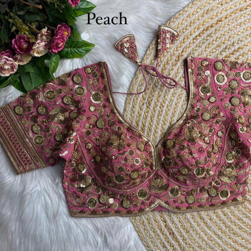 Peach Glow Luxury Heavy Beads Bridal Blouse Roman Silk Designer Wedding Wear