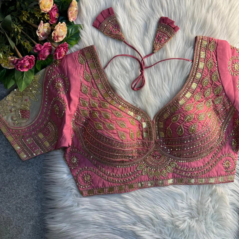 Peach Glow Royal Elephant Patch Work Bridal Blouse Roman Silk Heavy Beads & Sequins Designer Wear