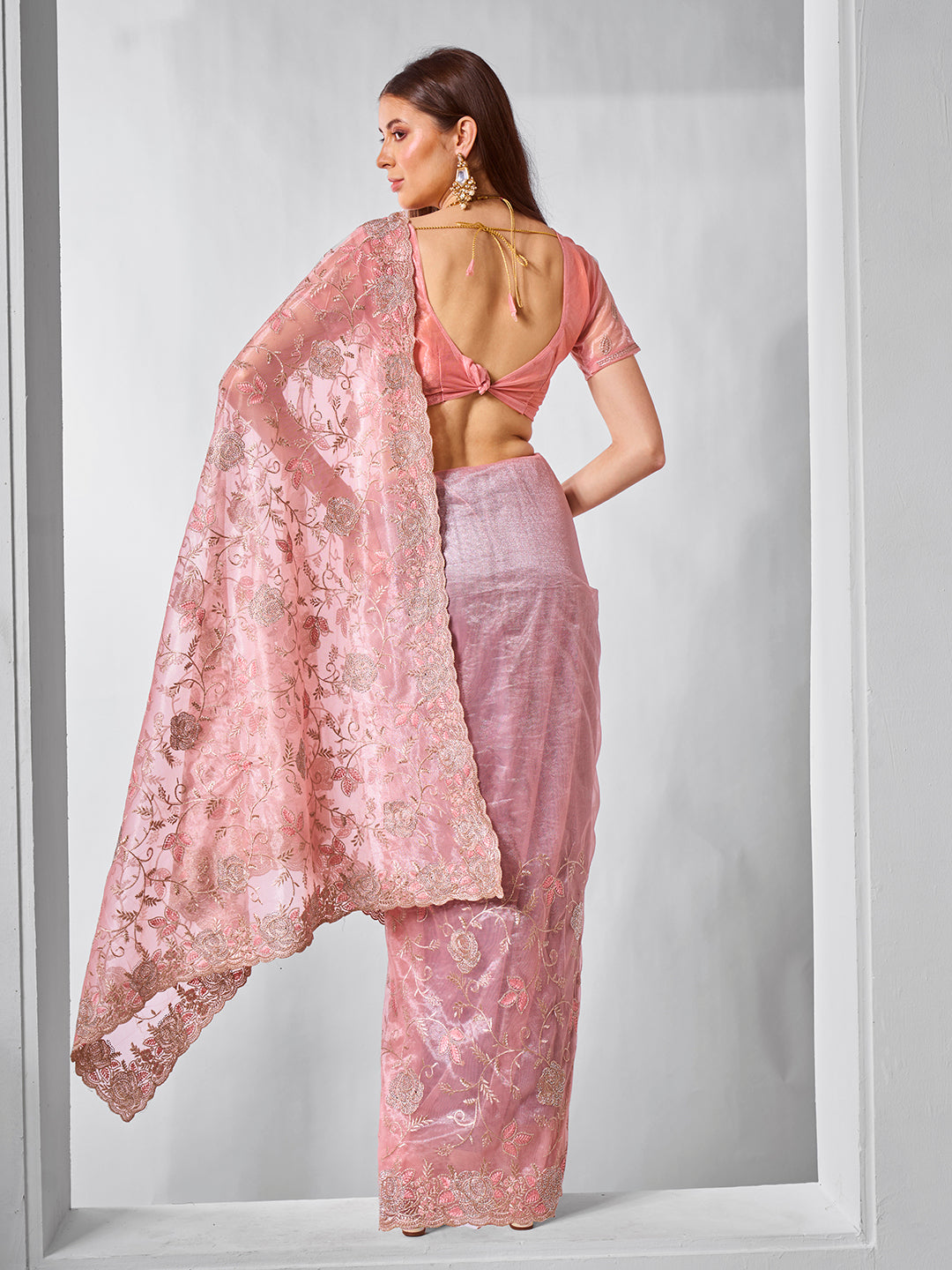 Peach Gold Tissue Net Fabric Designer Embroidery Work Ceremonial Partywear Saree