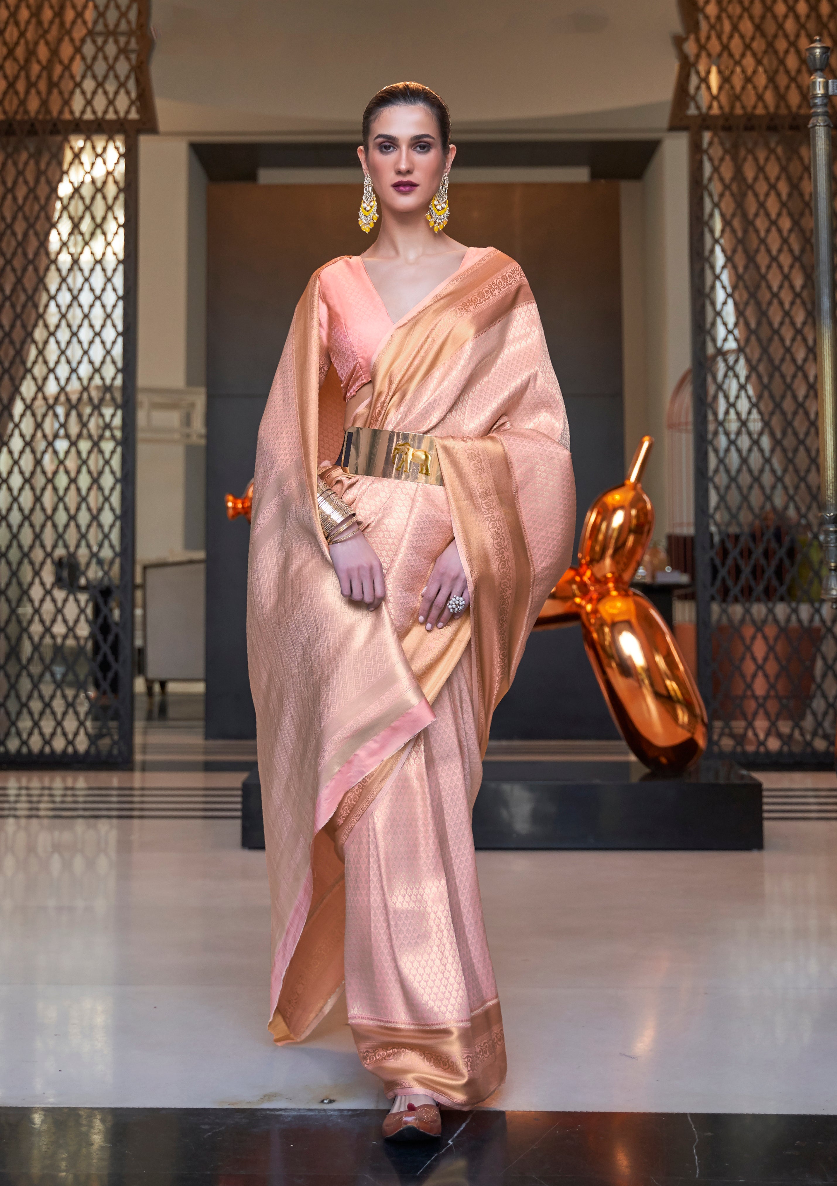 Peach Handloom Silk Saree with Woven Work