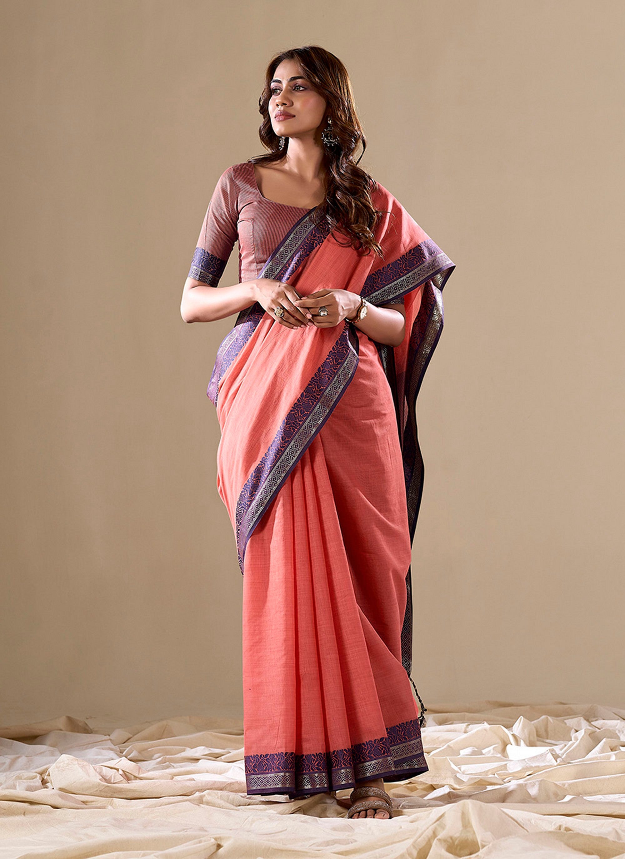 Peach Handloom Silk Woven Pallu Border Designer Ethnic Traditional Saree