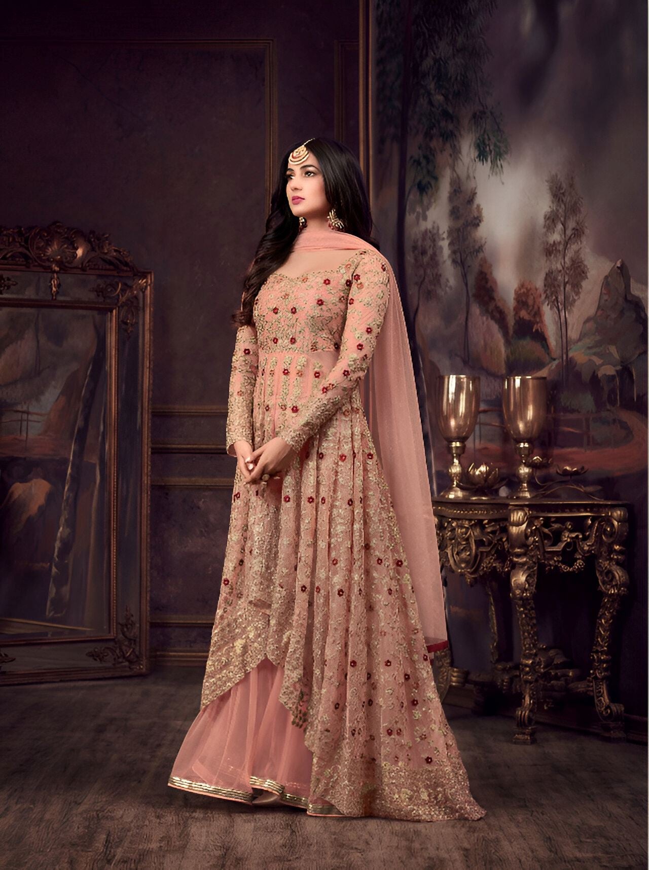 Peach Heavy Designer Suit With Heavy Embroidery Work