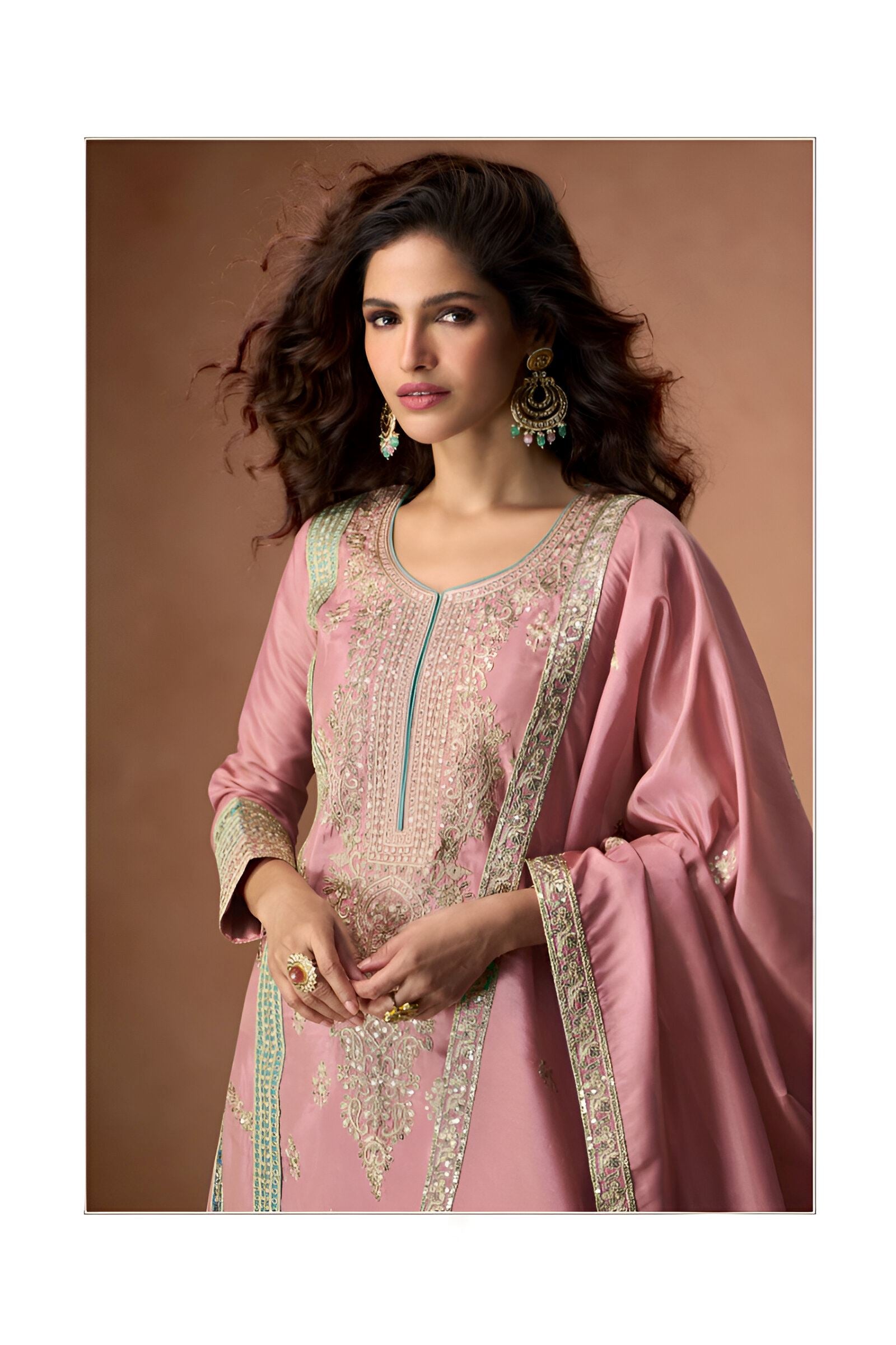 Peach Heavy Designer Suit With Heavy Embroidery Work