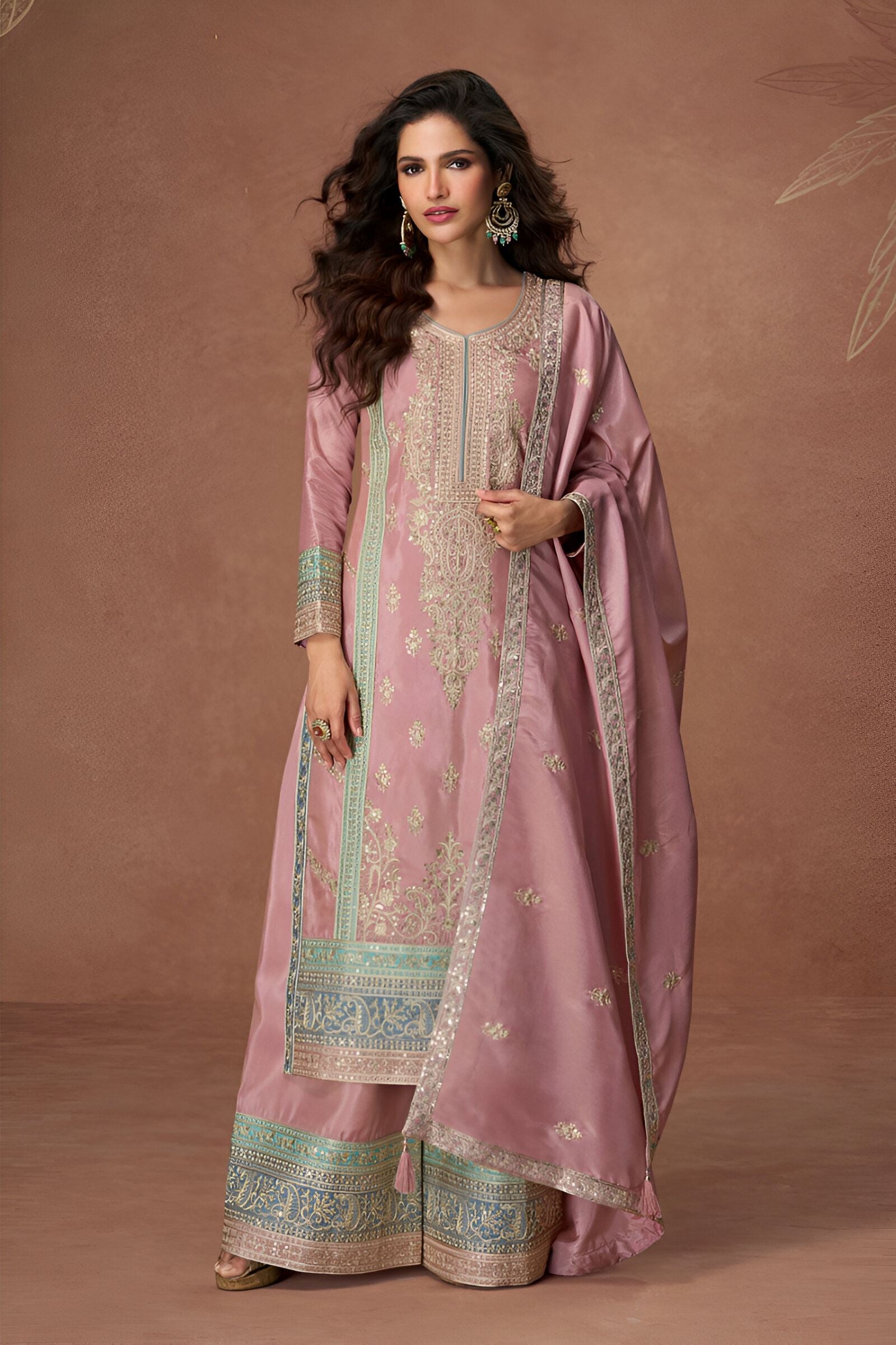 Peach Heavy Designer Suit With Heavy Embroidery Work