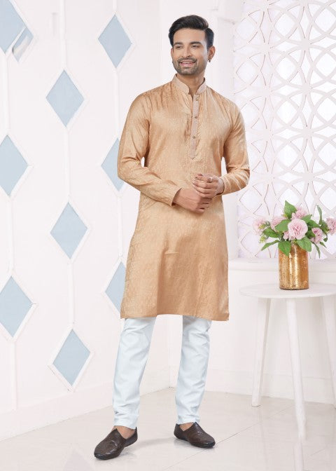 Peach Jacquard Silk Pintex Jacquard Ethnic Festive Kurta Pajama