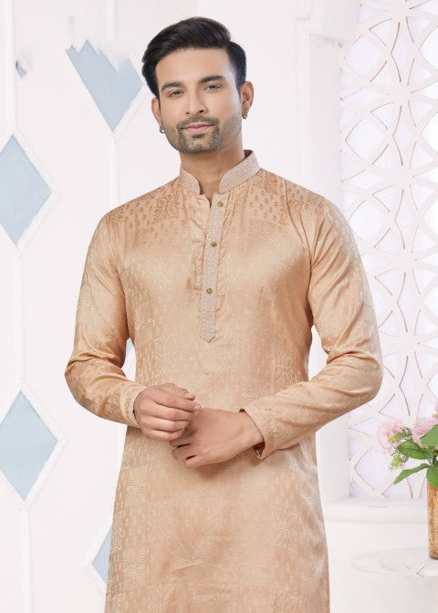 Peach Jacquard Silk Pintex Jacquard Ethnic Festive Kurta Pajama