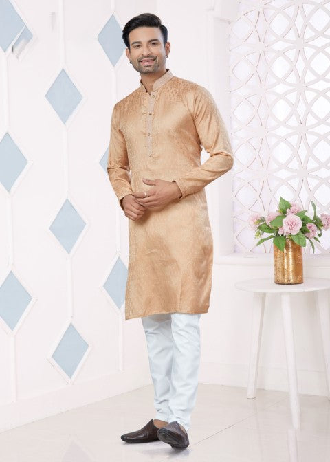 Peach Jacquard Silk Pintex Jacquard Ethnic Festive Kurta Pajama