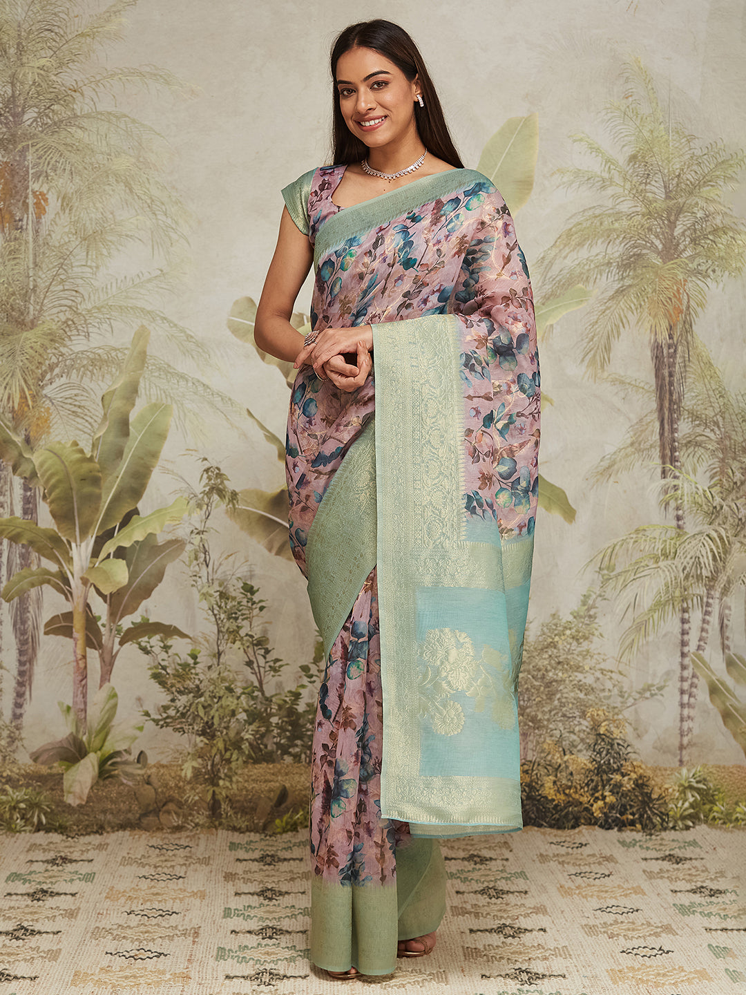 Peach Jacquard Silk Saree With Beautiful Floral Print Designer