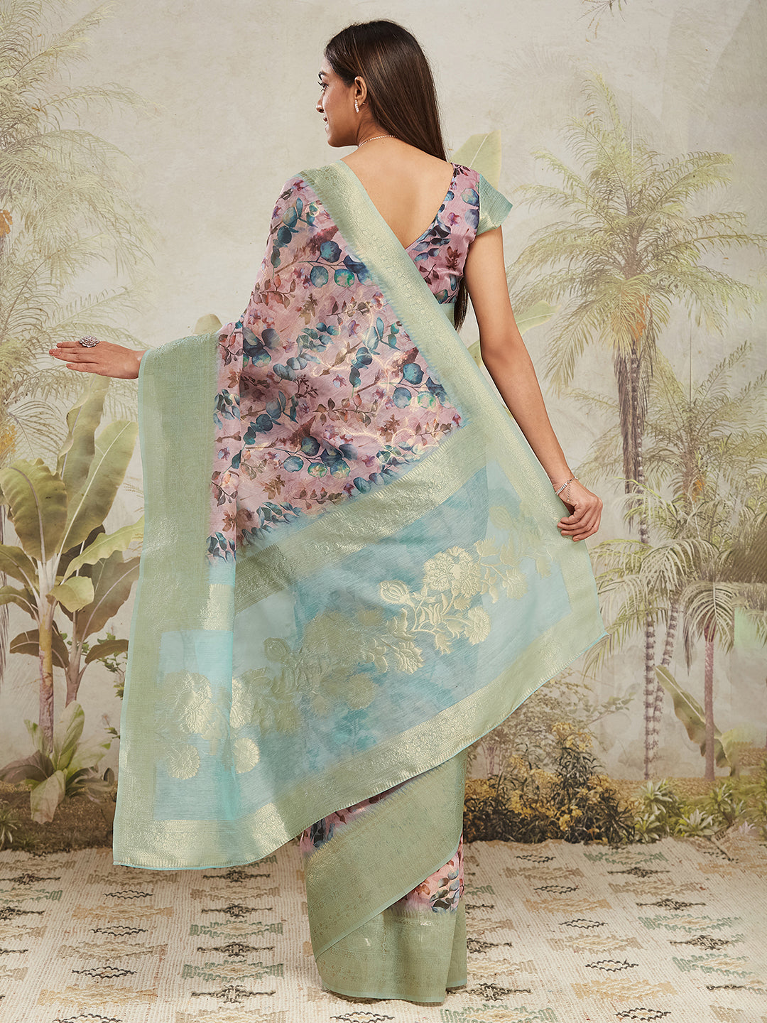 Peach Jacquard Silk Saree With Beautiful Floral Print Designer