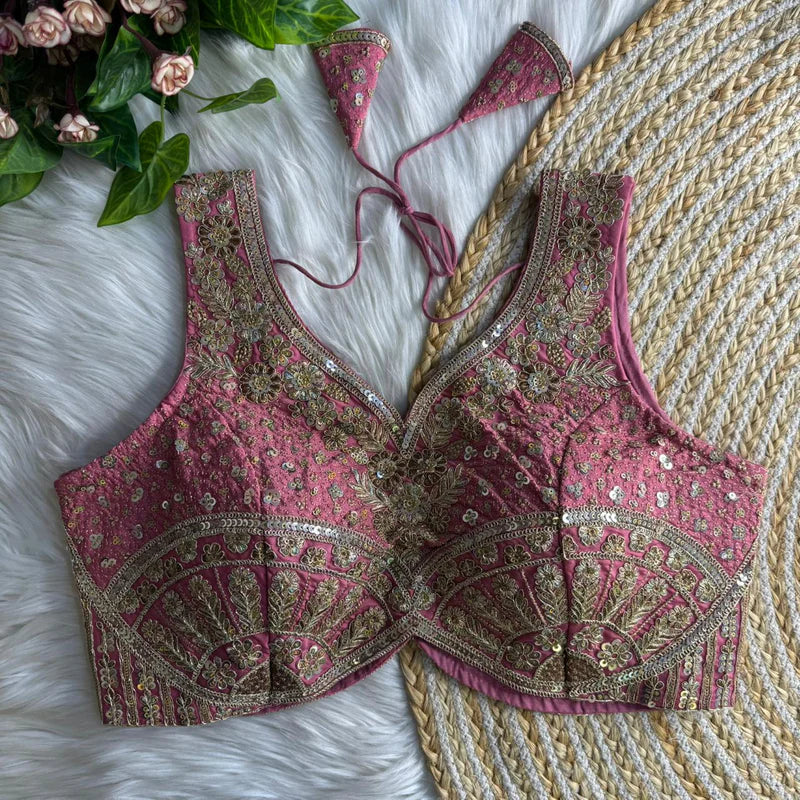 Peach Jari & Sequins Work Bridal Blouse in Roman Silk with Embroidery