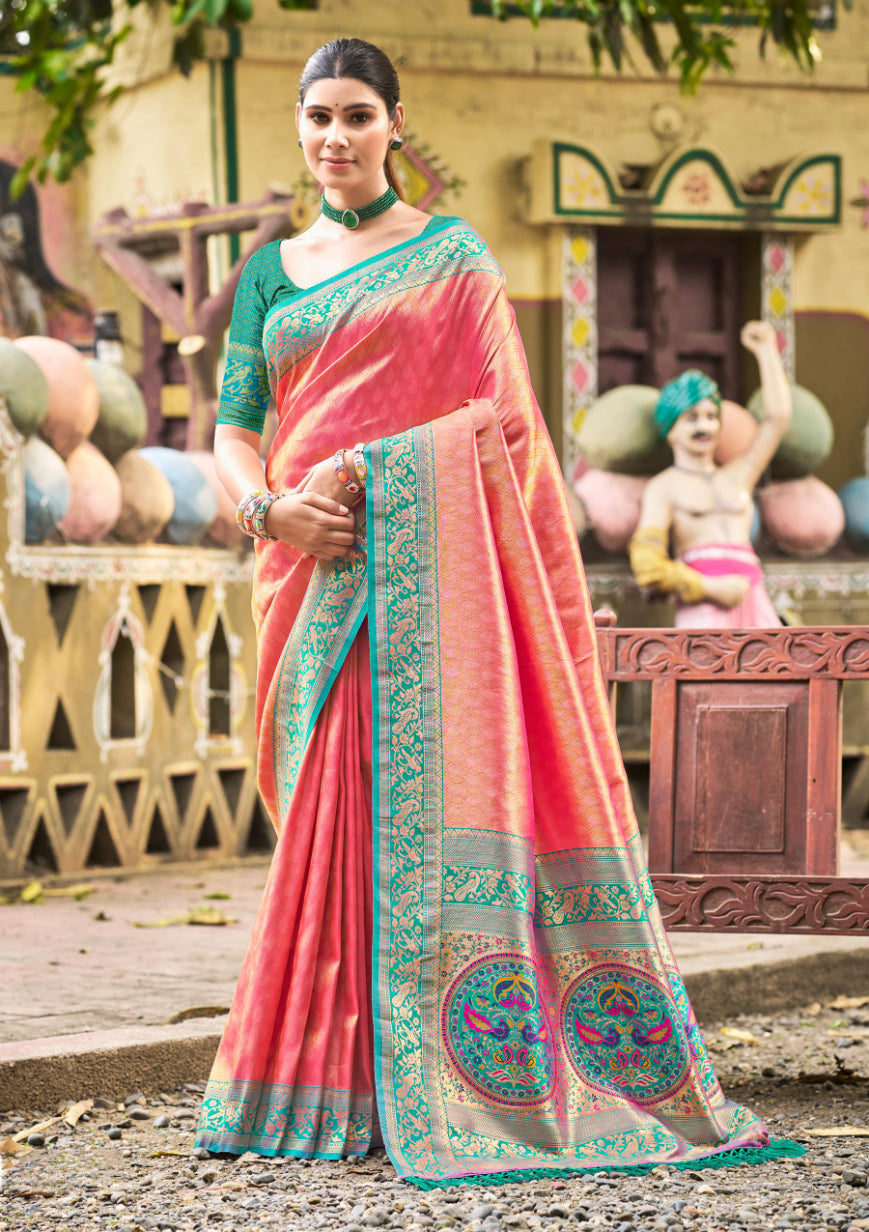 Peach Kanjivaram Silk Saree With Minimalist Elegance and Classy Drape