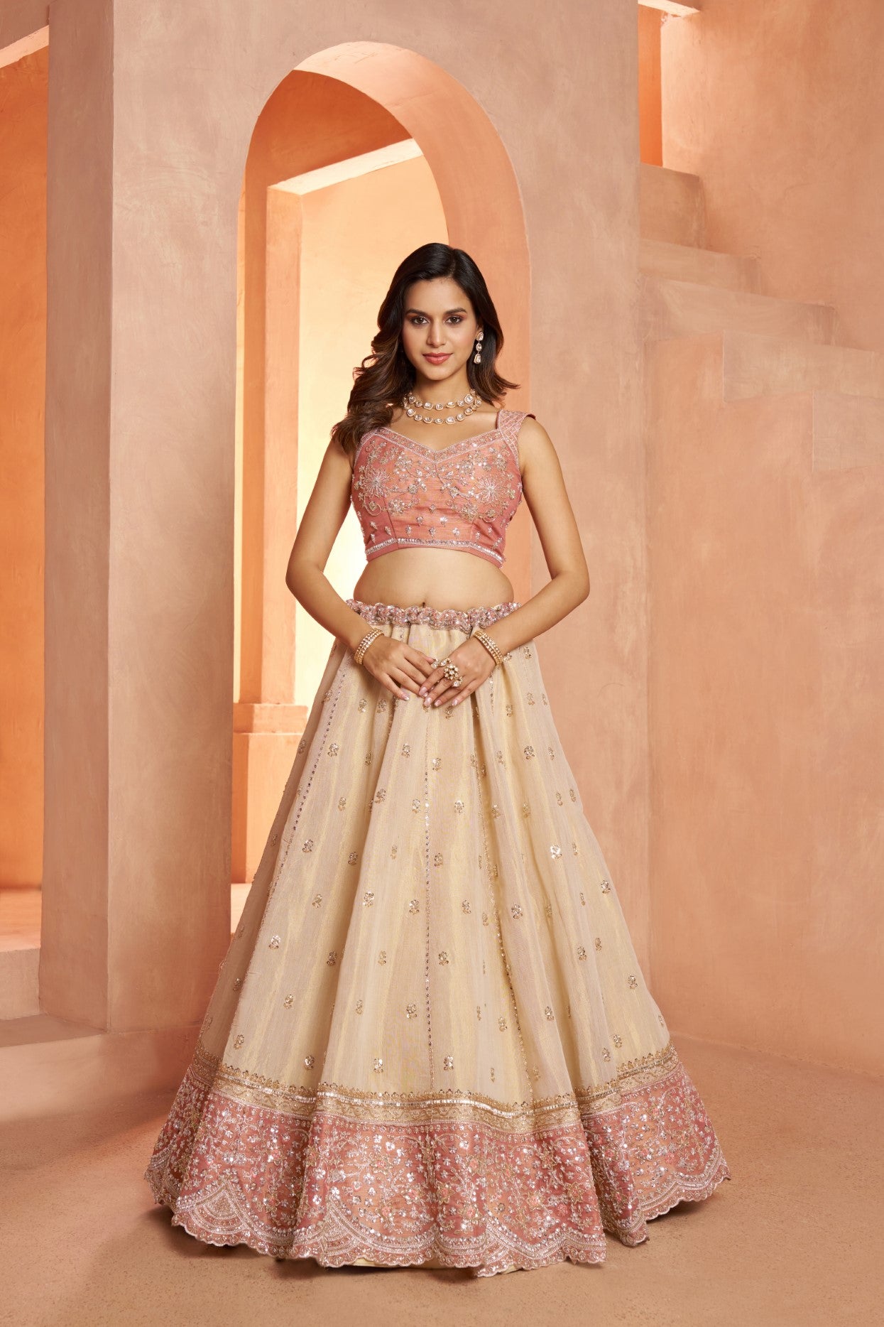 Peach Kanjivaram Tissue Luxury Embroidered Wedding Lehenga Choli