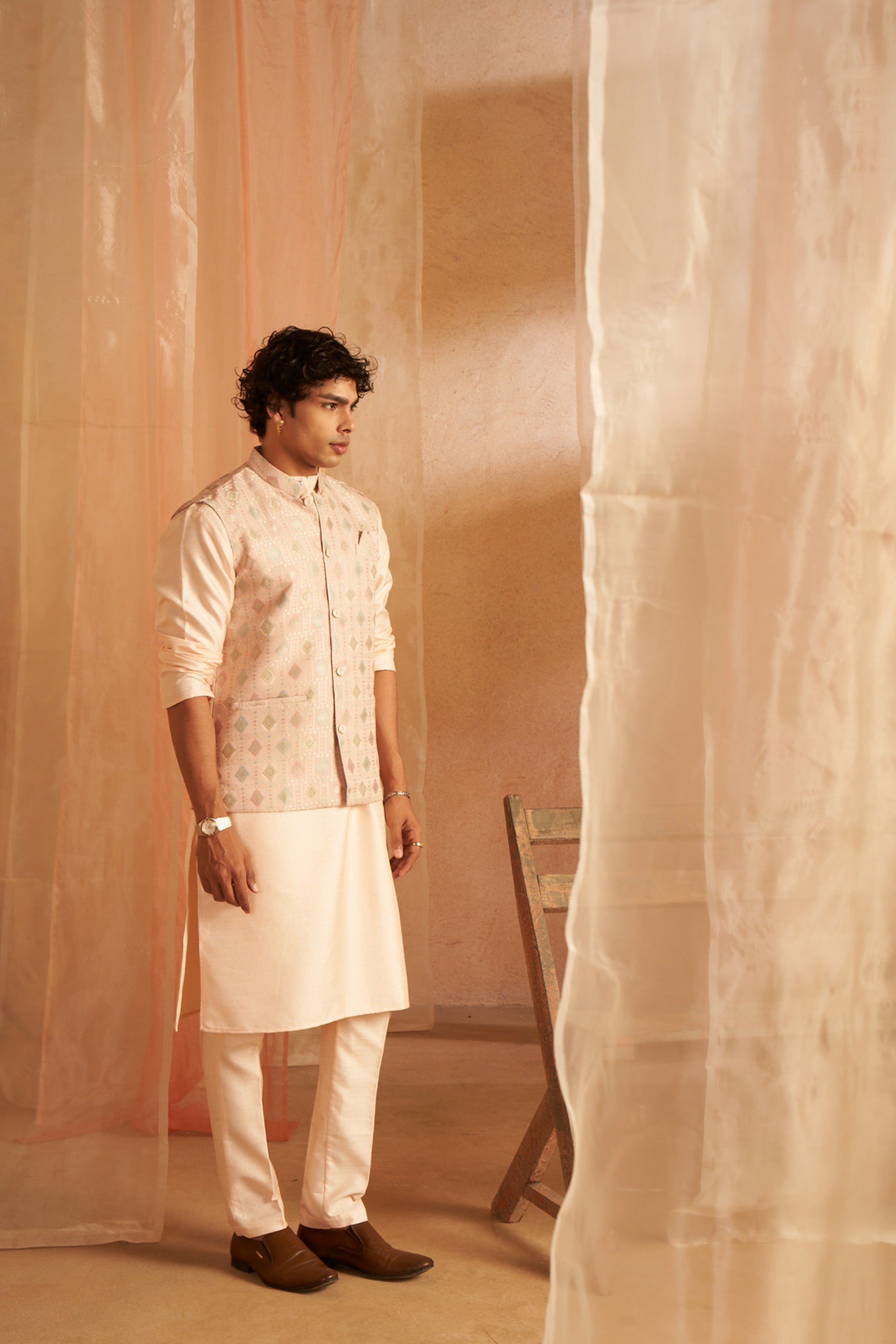 Peach Kurta Payjama with Nehru Jacket – Elegant Wedding Look