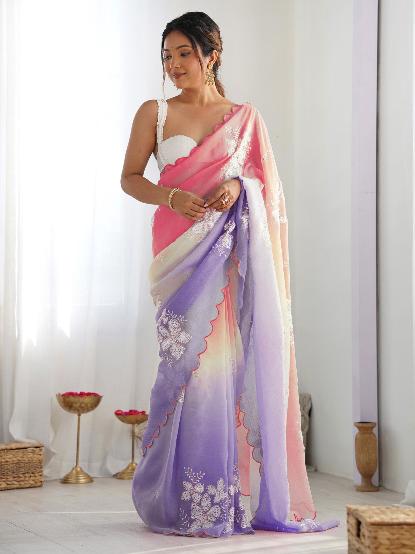 Peach Lavender Gold Crush Saree With Embroidery Work