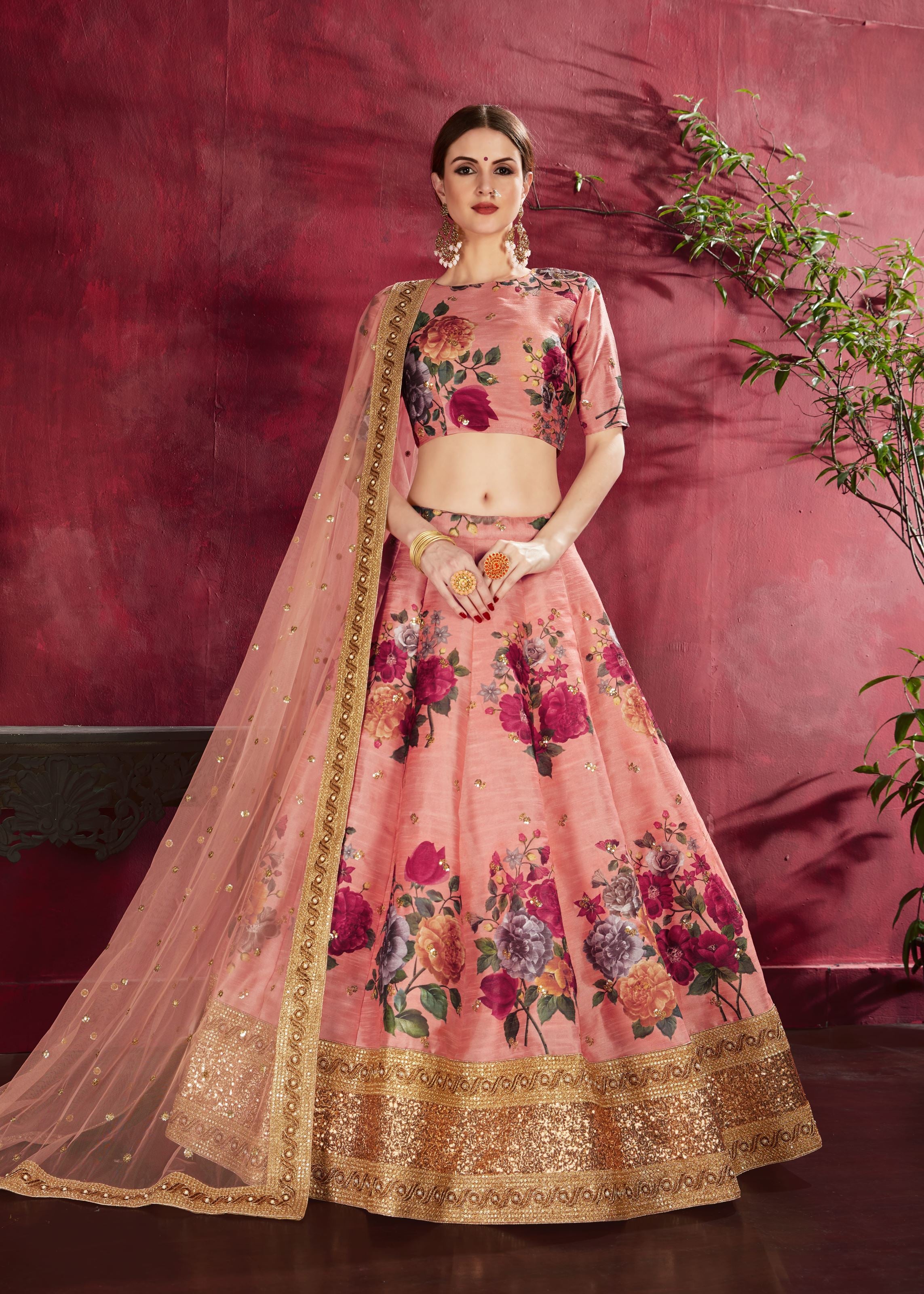 Peach Lehenga Choli With Floral Print, Dori, Zari And Sequins Embroidery