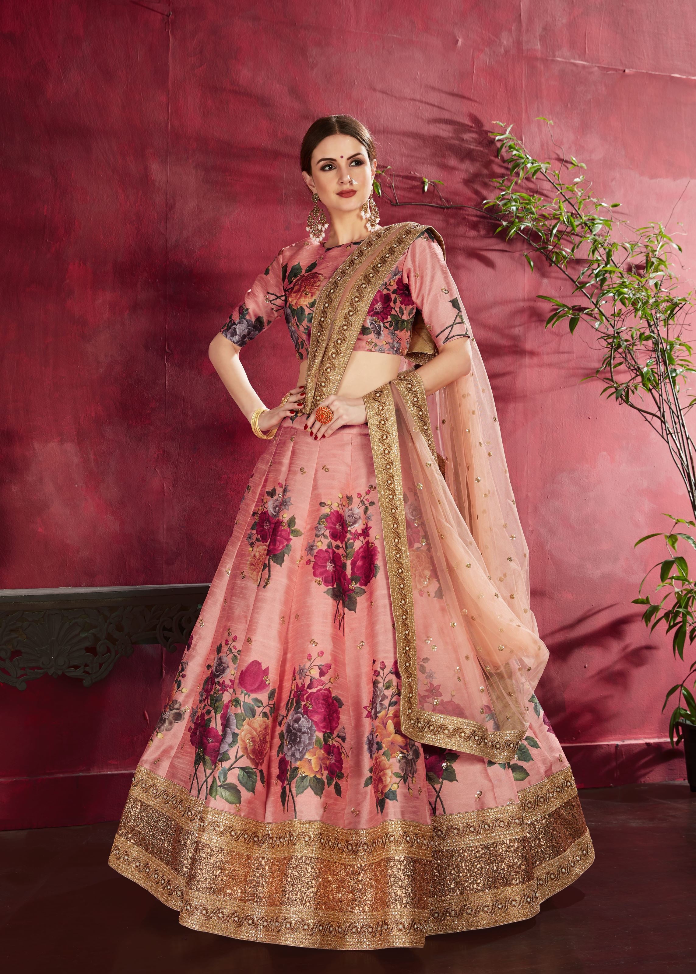 Peach Lehenga Choli With Floral Print, Dori, Zari And Sequins Embroidery