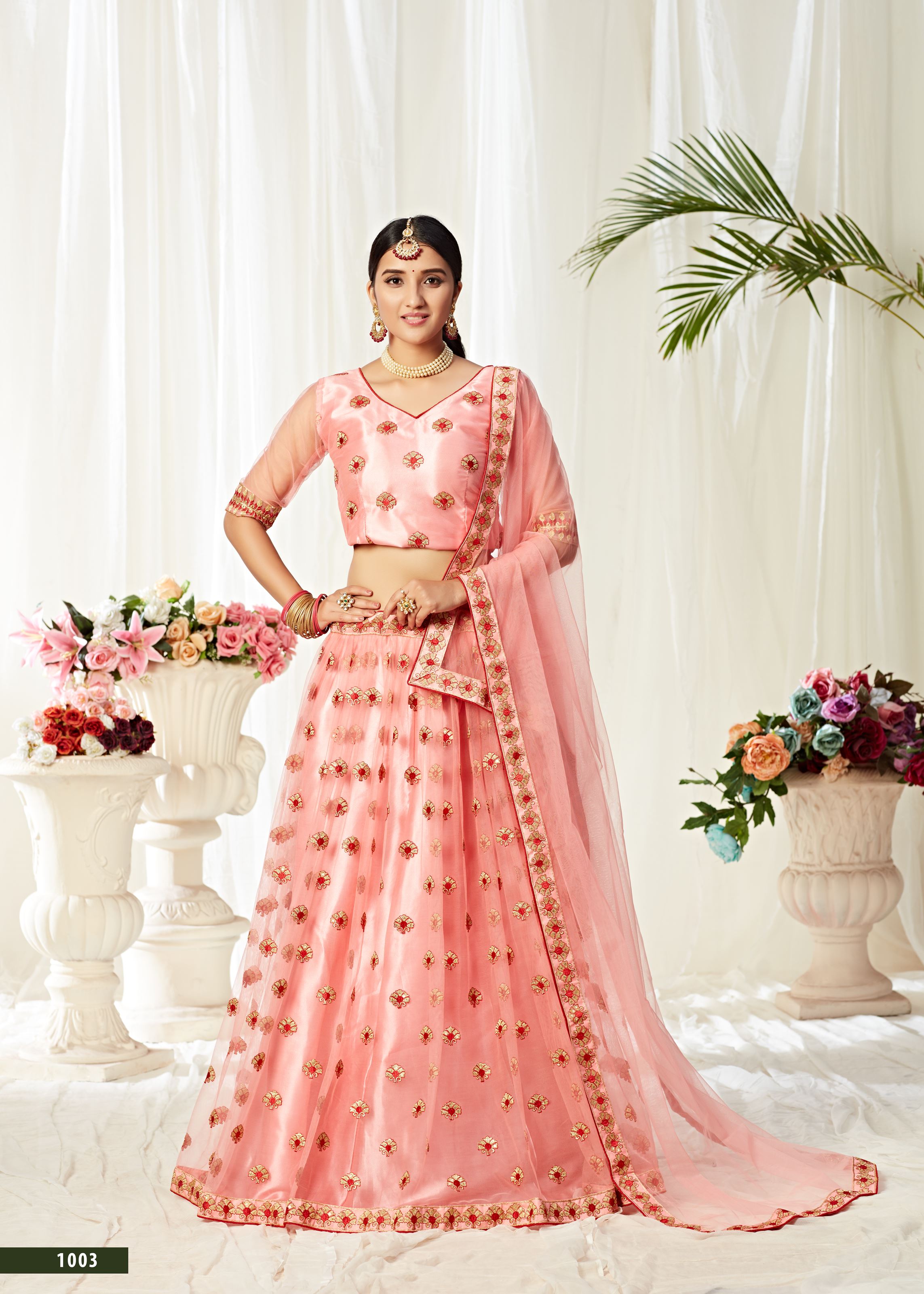 Peach Lehenga Choli With Sequins And Thread Embroidered Work