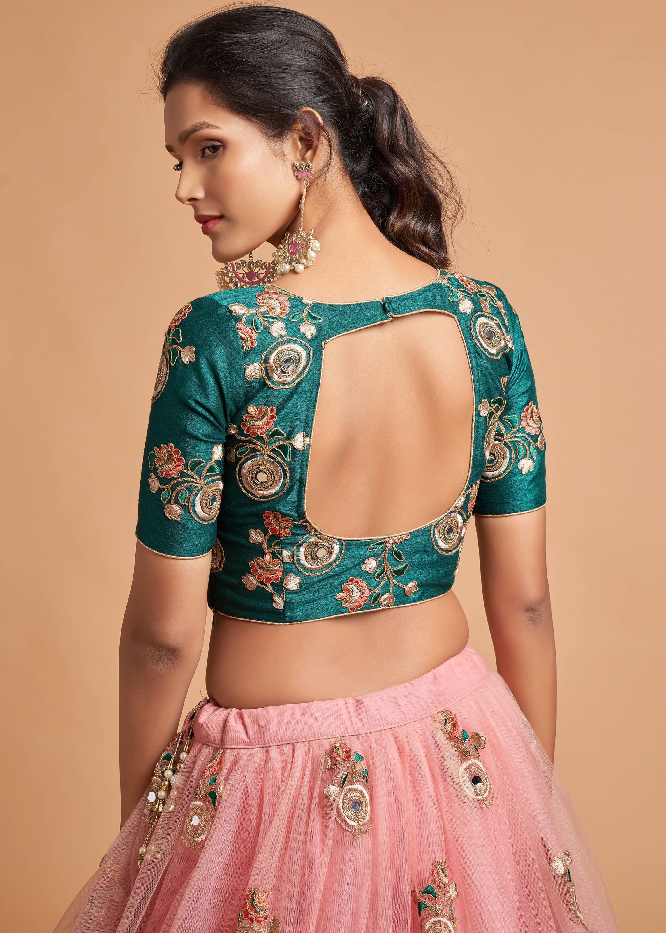 Peach Lehenga Choli With Thread, Zari, Dori And Sequins Embroidery Work