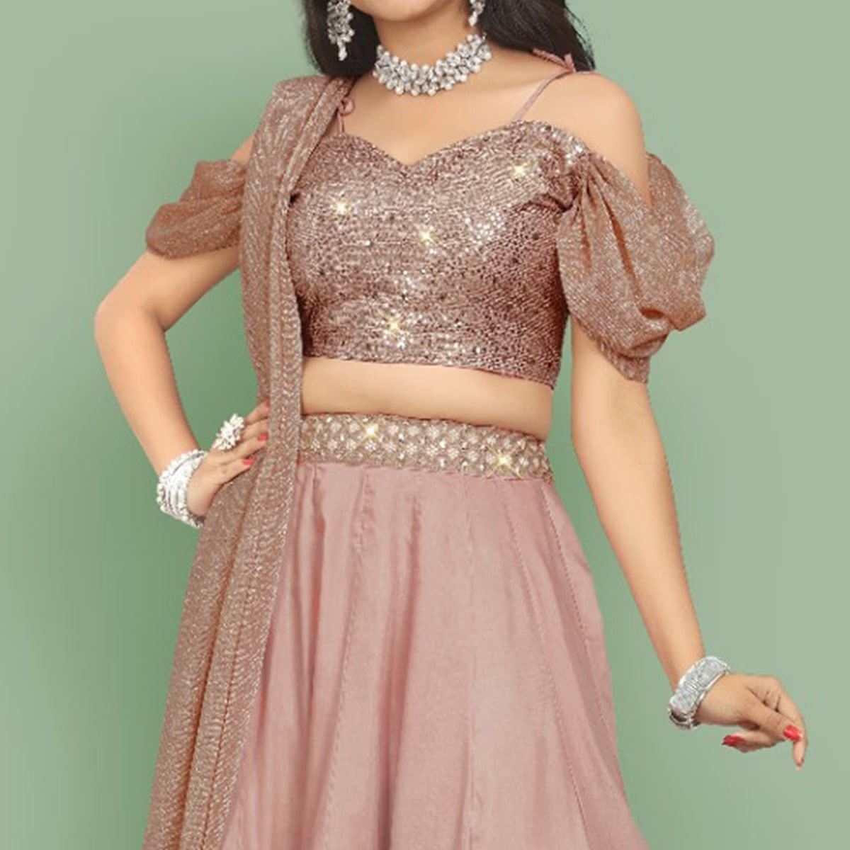 Peach Lehenga Choli With Zari, Dori and Sequence Embroidery Work