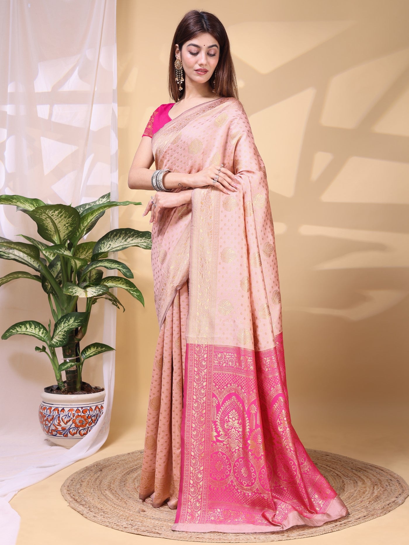 Peach Lichi Silk Saree With Premium Weaving