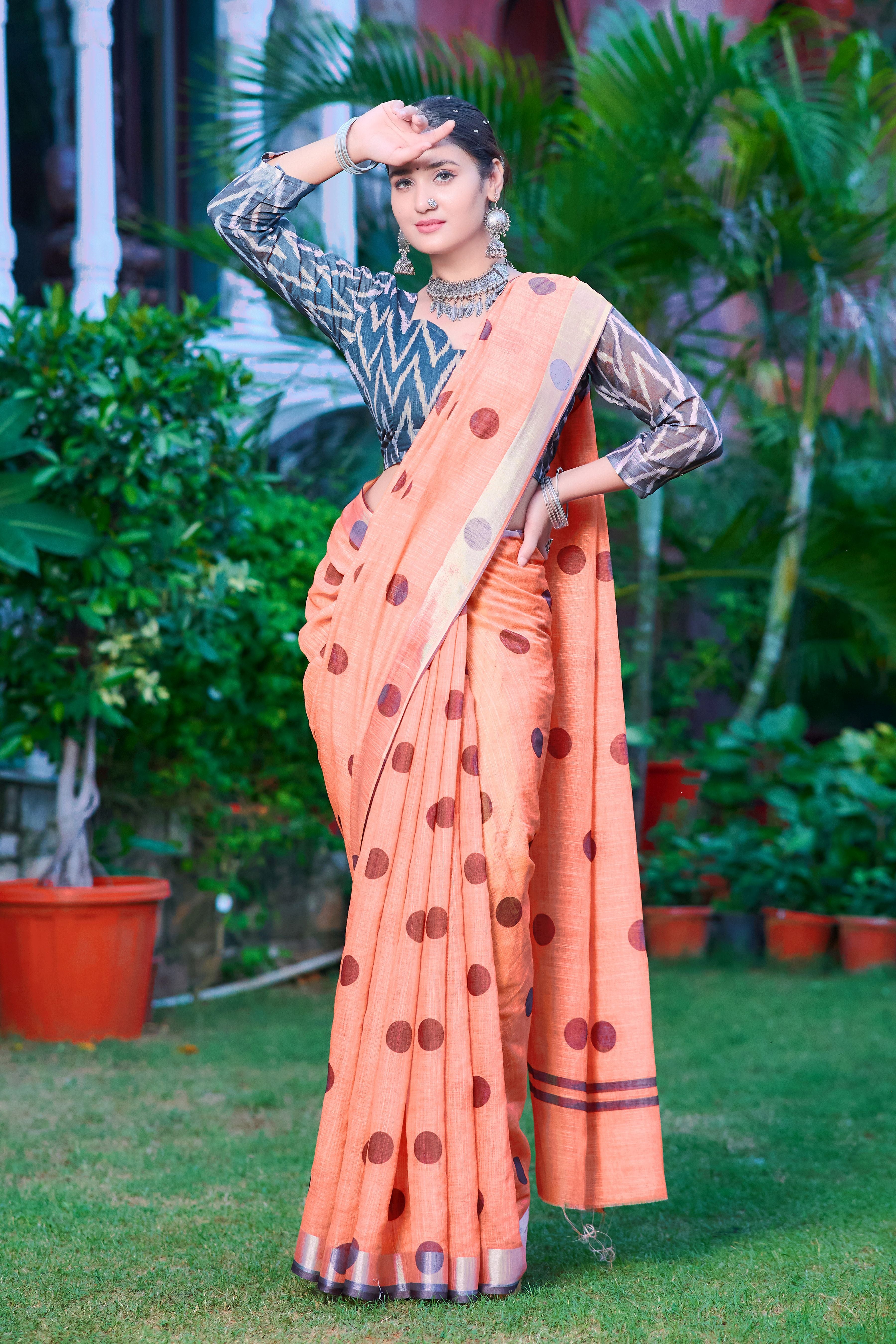 Peach Linen Cotton Designer Printed Ethnic Festive Saree