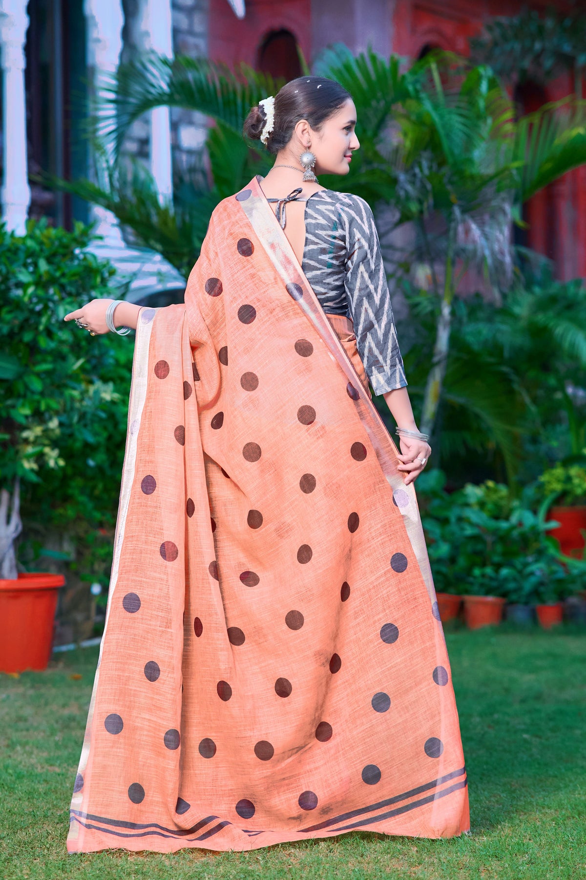 Peach Linen Cotton Designer Printed Ethnic Festive Saree
