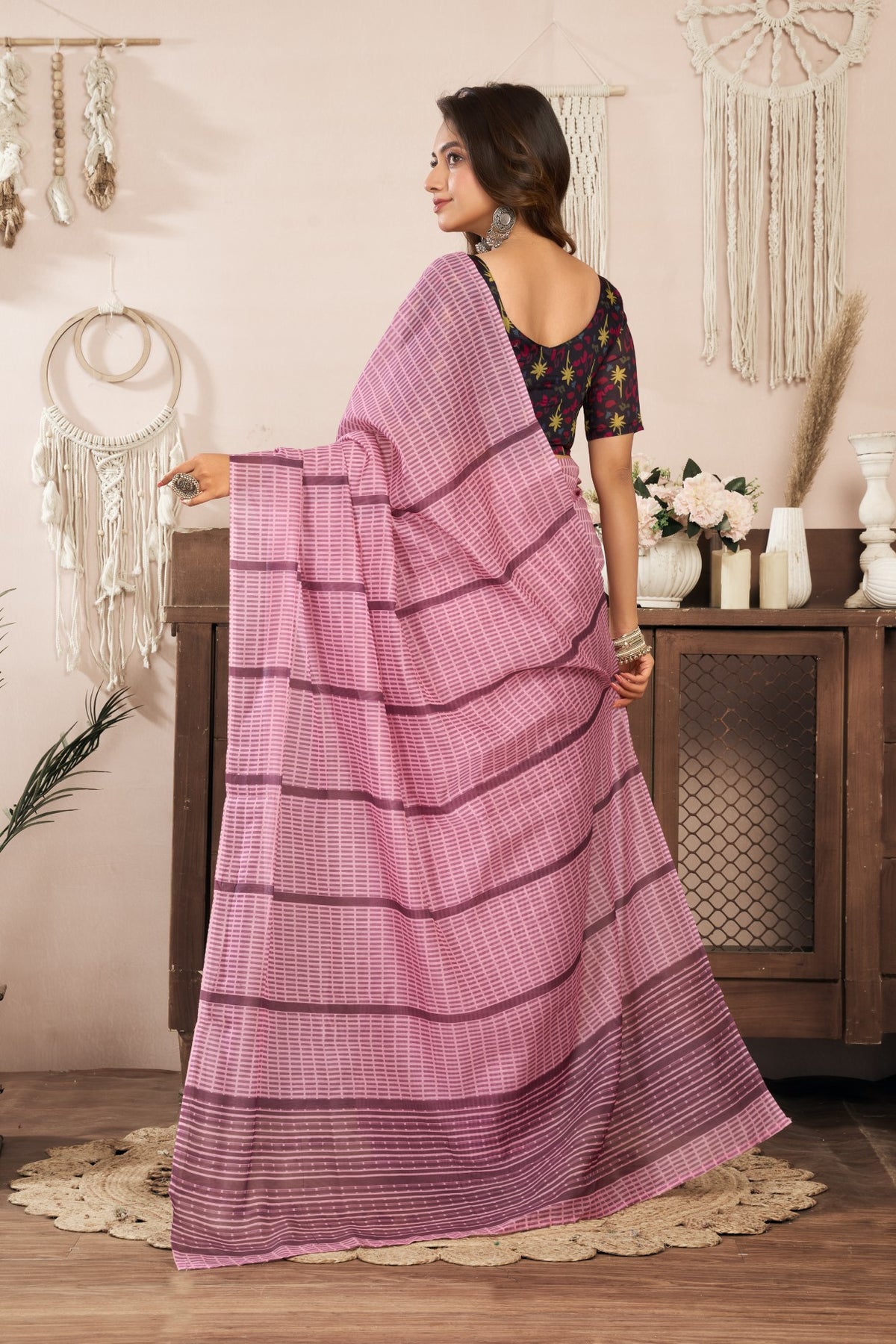 Peach Linen Ready To Wear Saree With Zari Border Printed