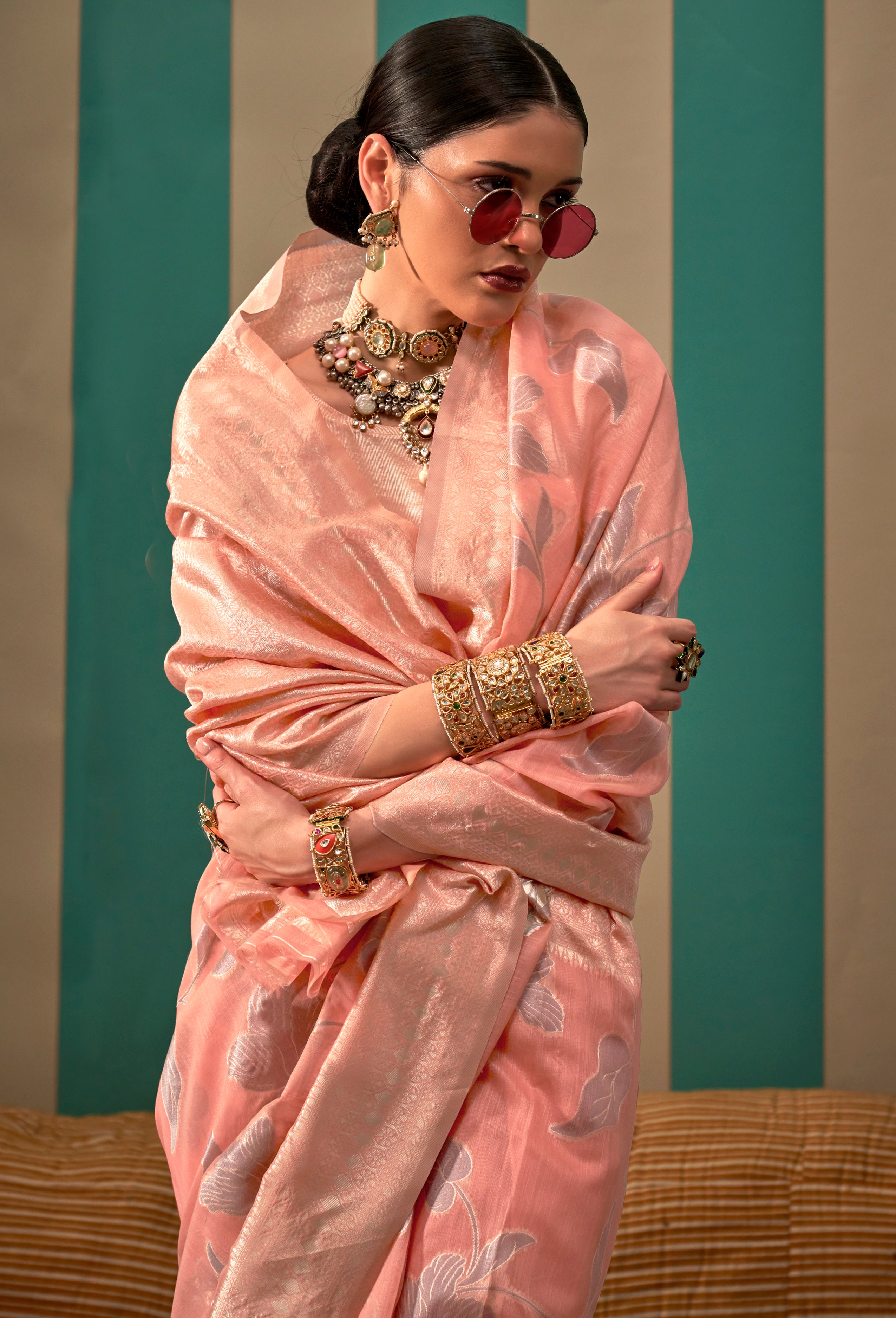 Peach Linen Saree With Jacquard Woven Work