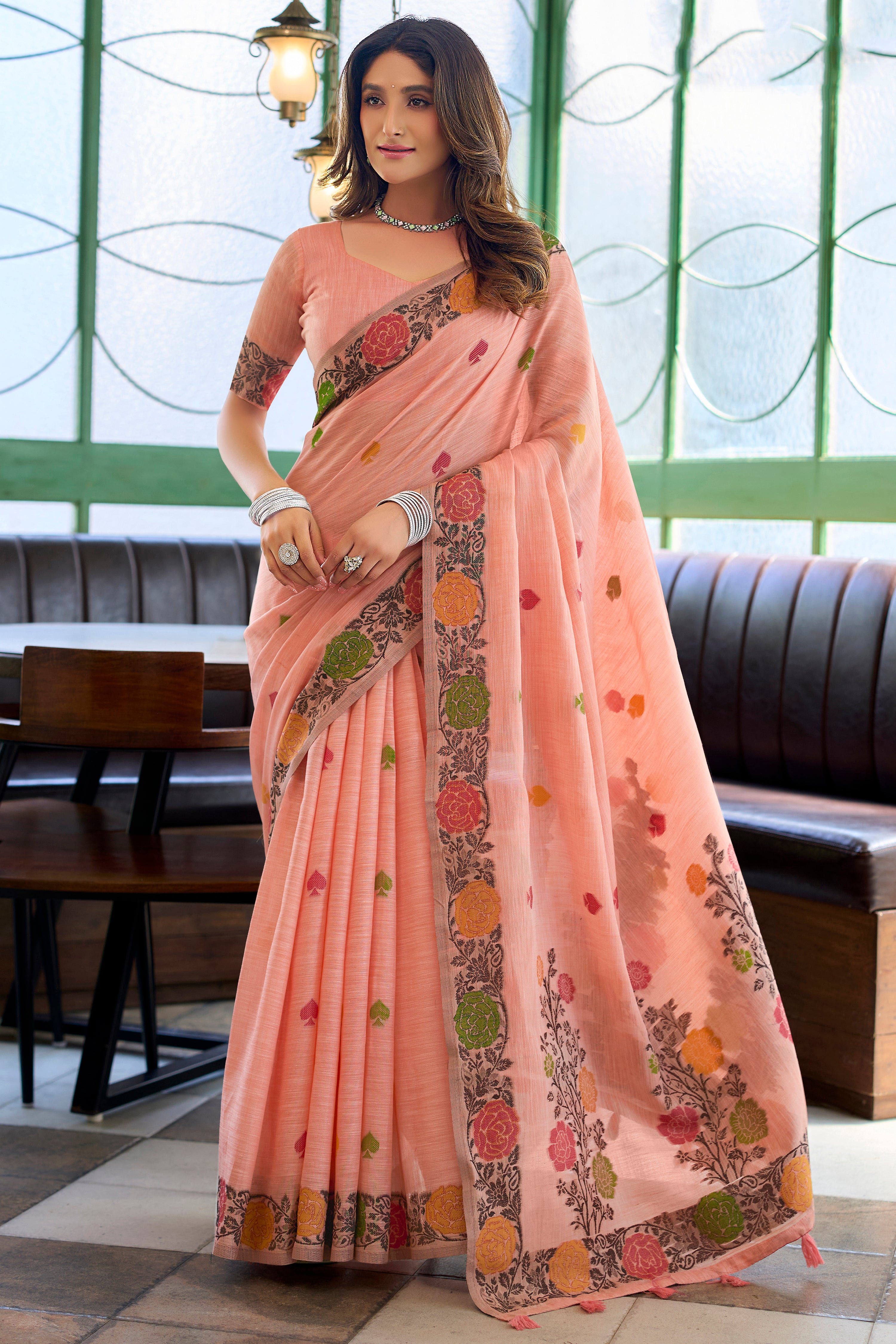 Peach Linen Saree with Elegant Jacquard Woven Design