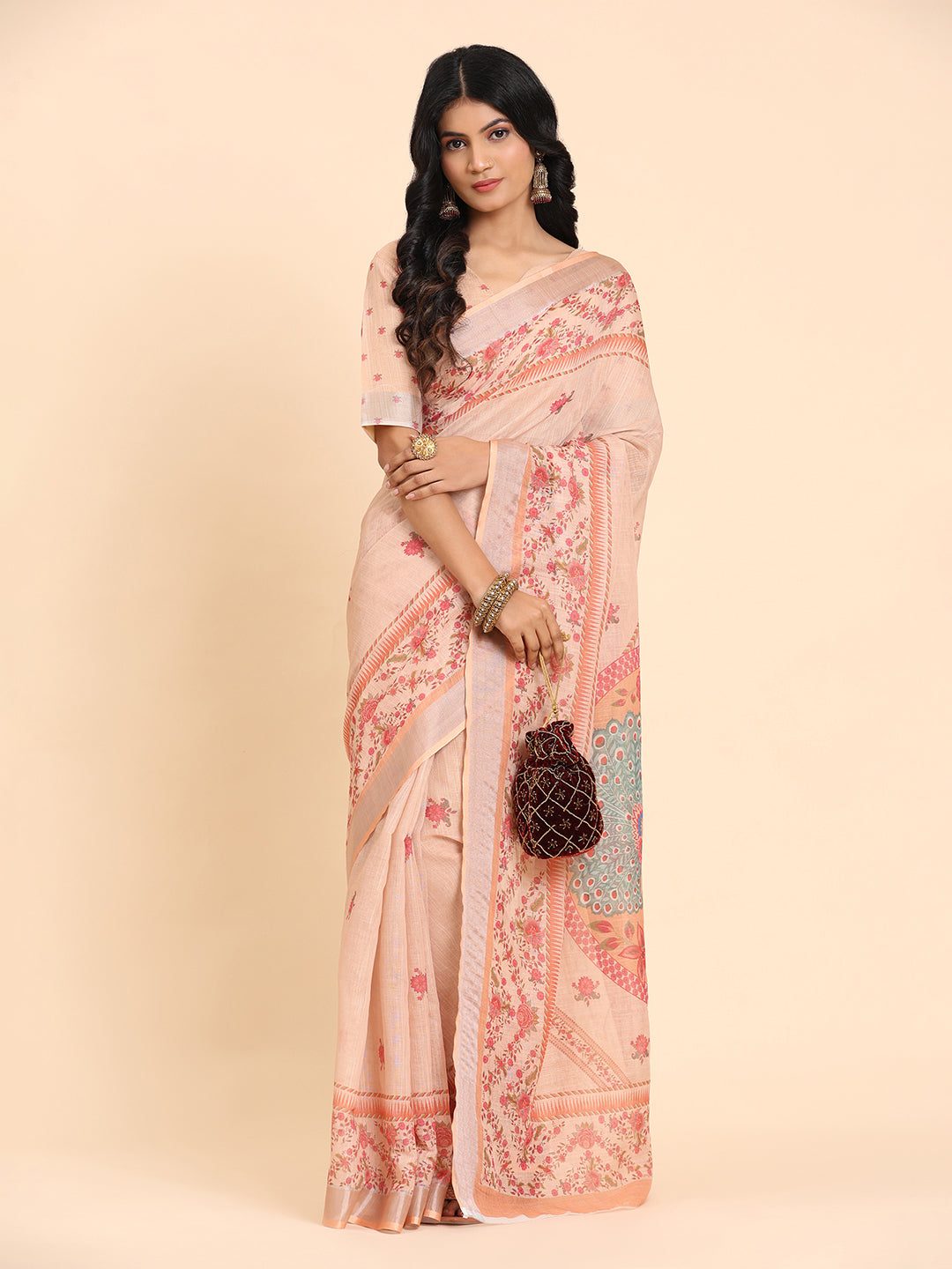 Peach Linen Soft Printed Saree For Women